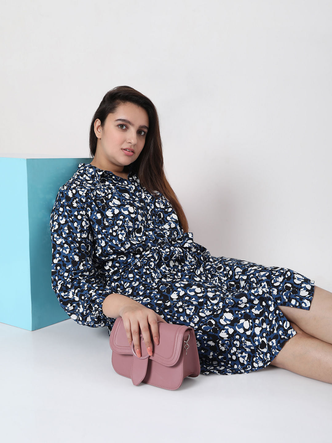 Curve Blue Abstract Print Shirt Dress