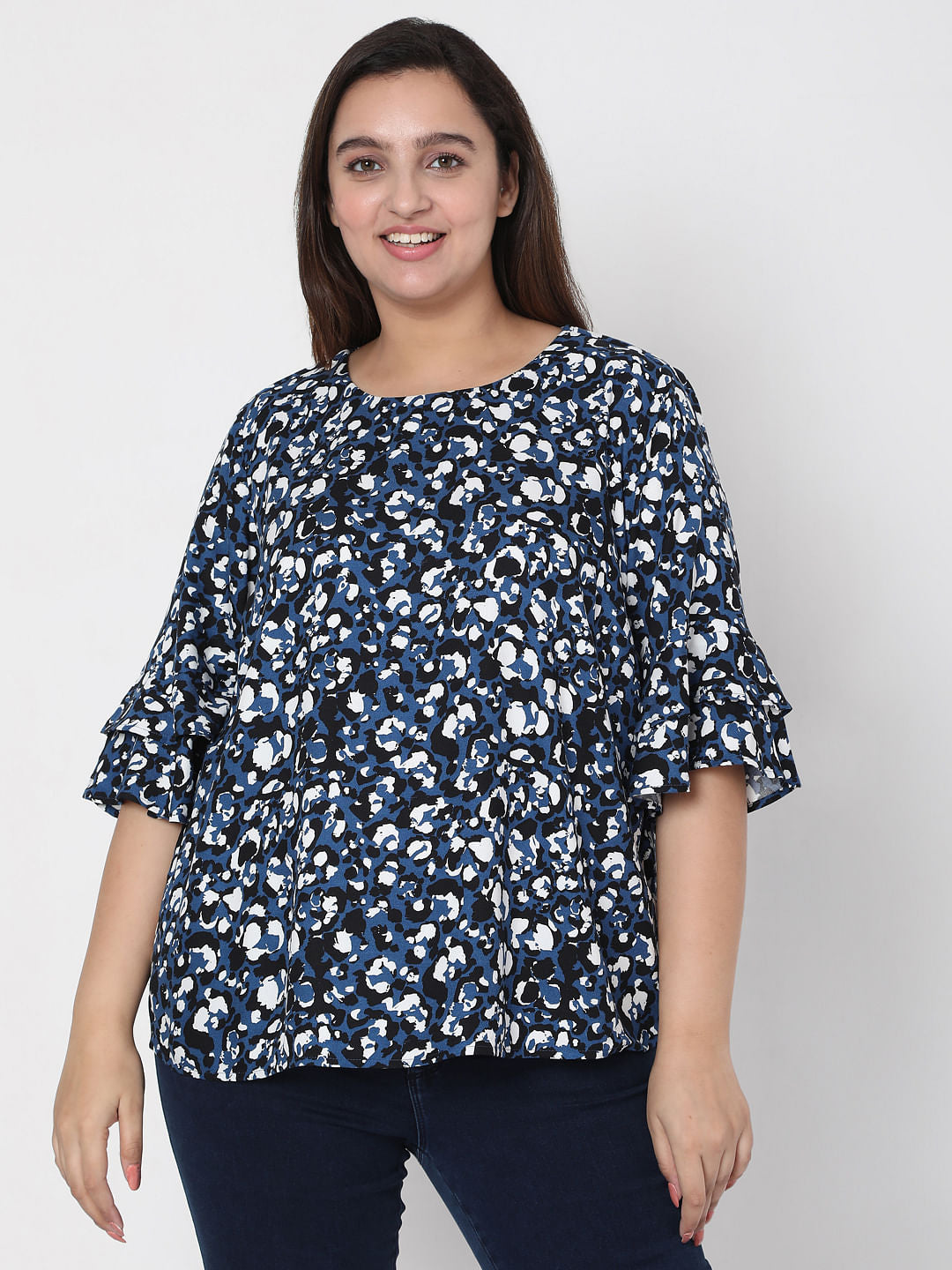 Curve Blue Abstract Print Top