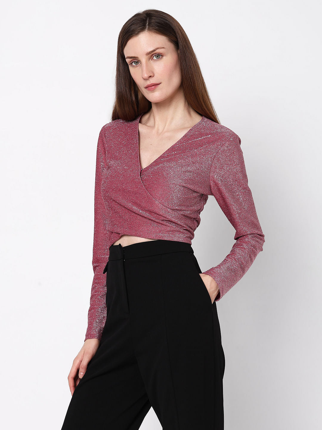 Pink Lurex Knit Wrap Top