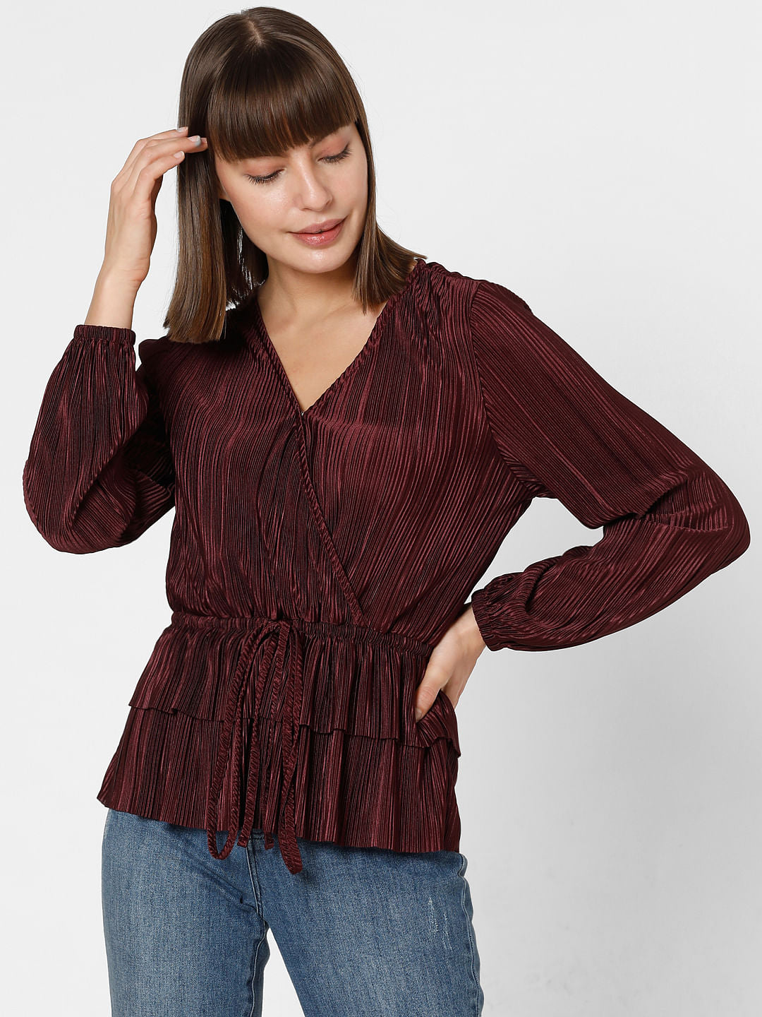 Wine Red Front Wrap Co-Ord Set Top