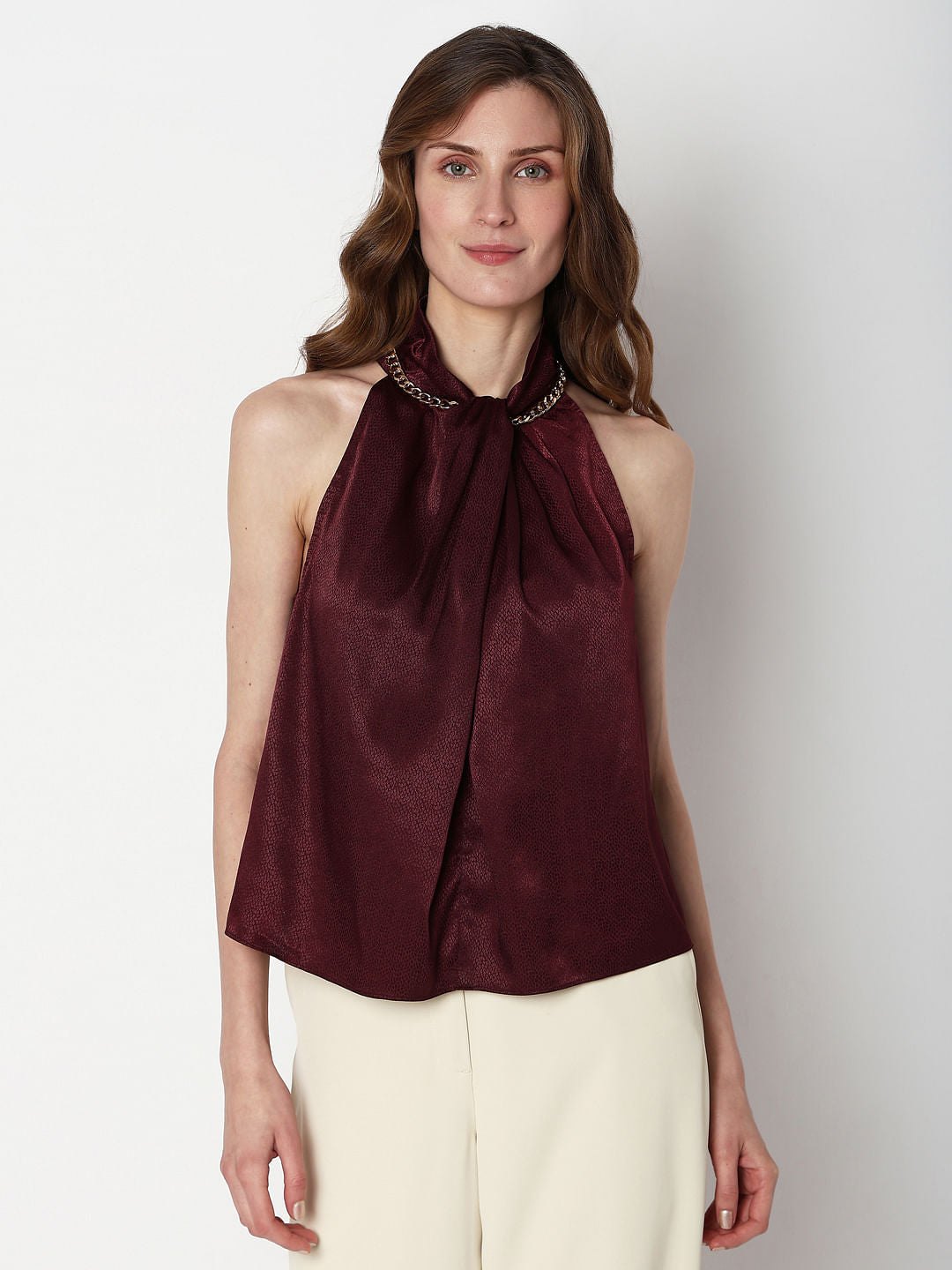 Maroon Satin Halter Neck Top