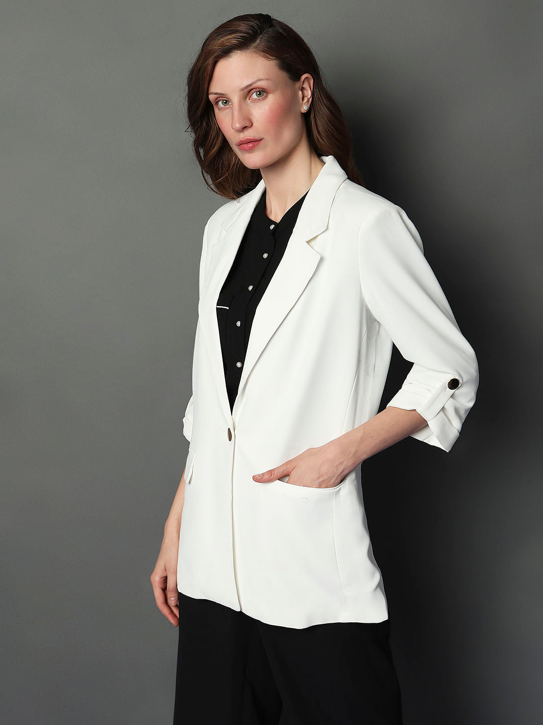 White 3/4Th Sleeves Formal Blazer