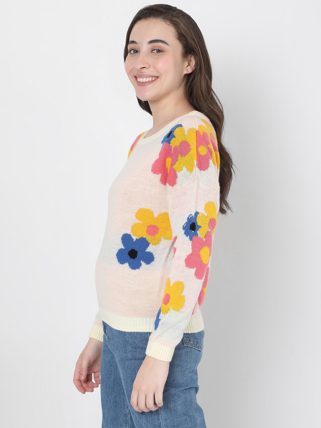 Beige Floral Jacquard Sweater