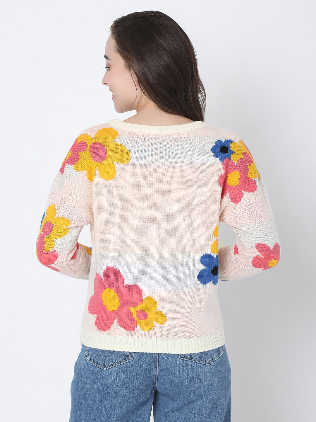 Beige Floral Jacquard Sweater