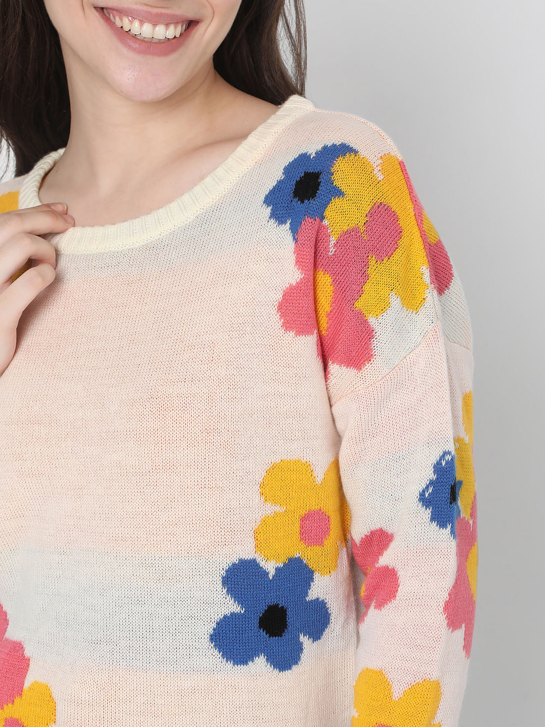 Beige Floral Jacquard Sweater