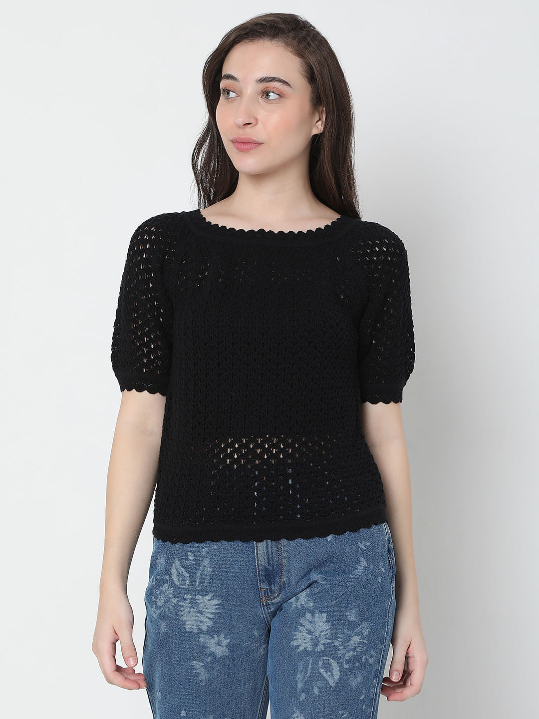 Black Schiffli Knit Top