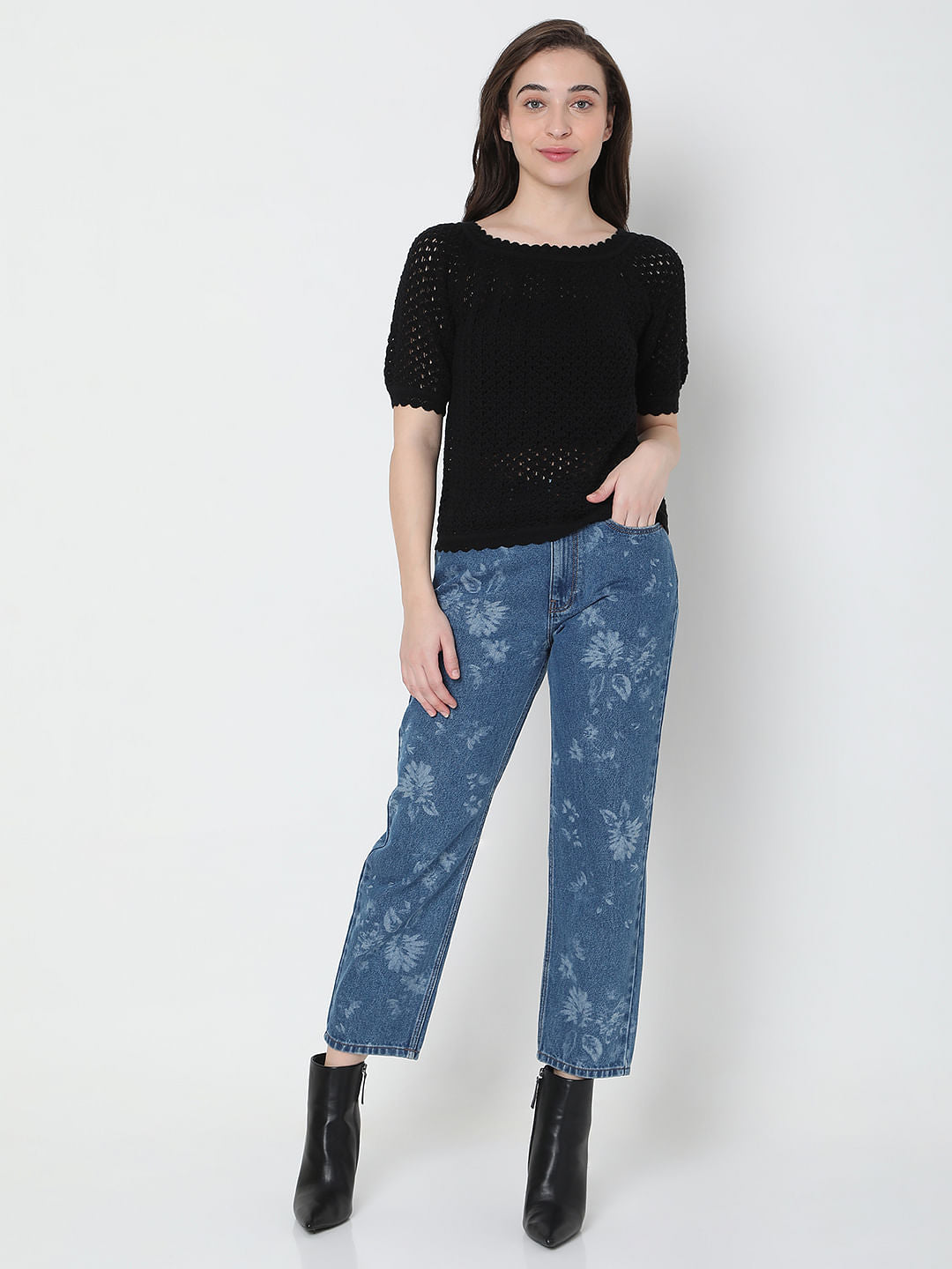 Black Schiffli Knit Top