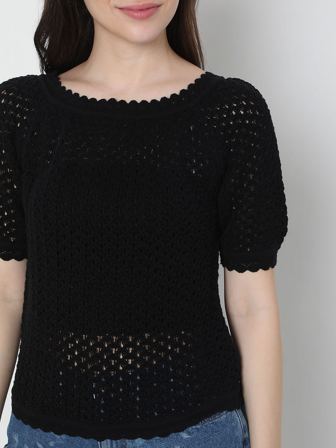 Black Schiffli Knit Top