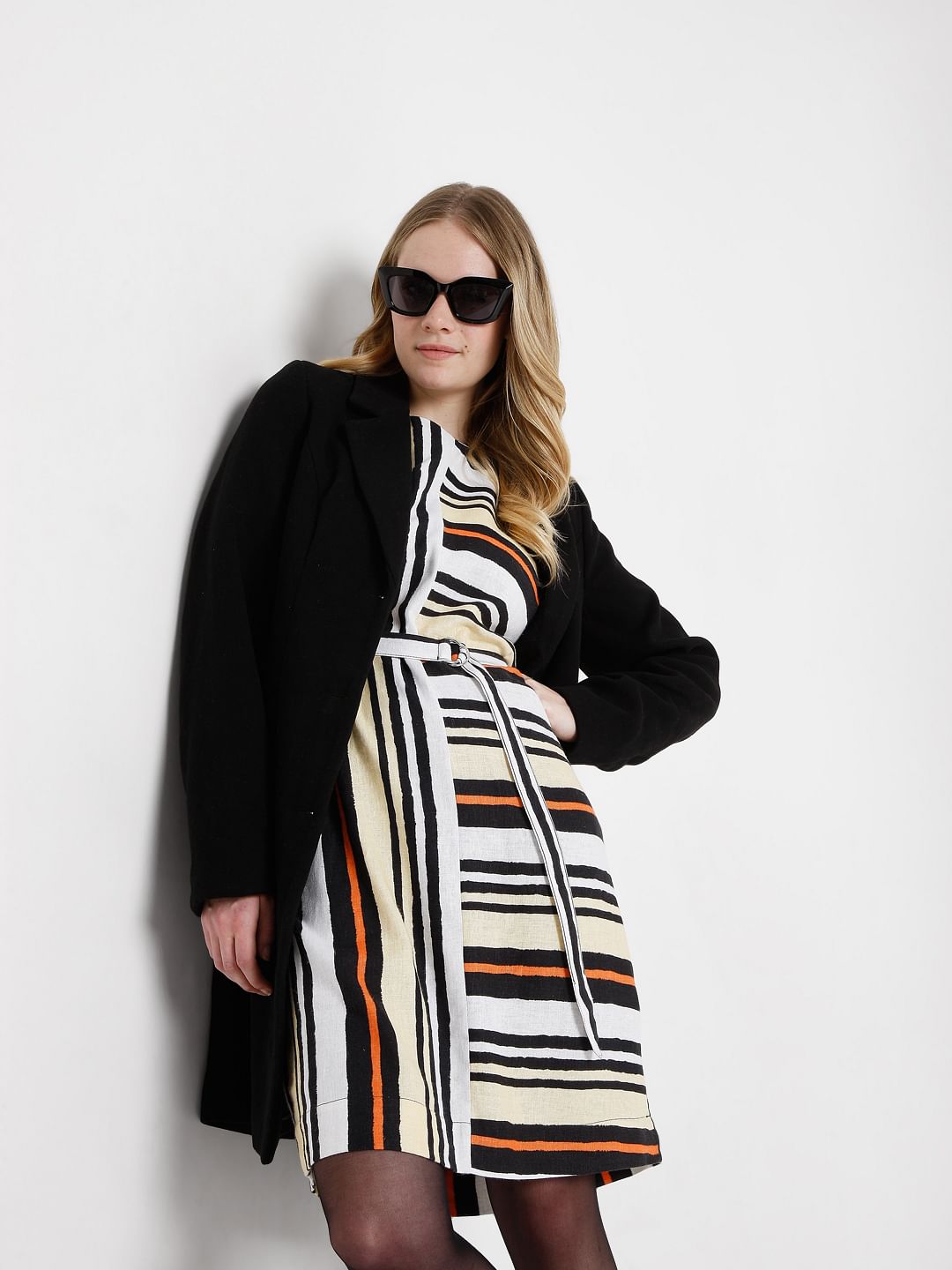 White Asymmetrical Striped Fit & Flare Dress