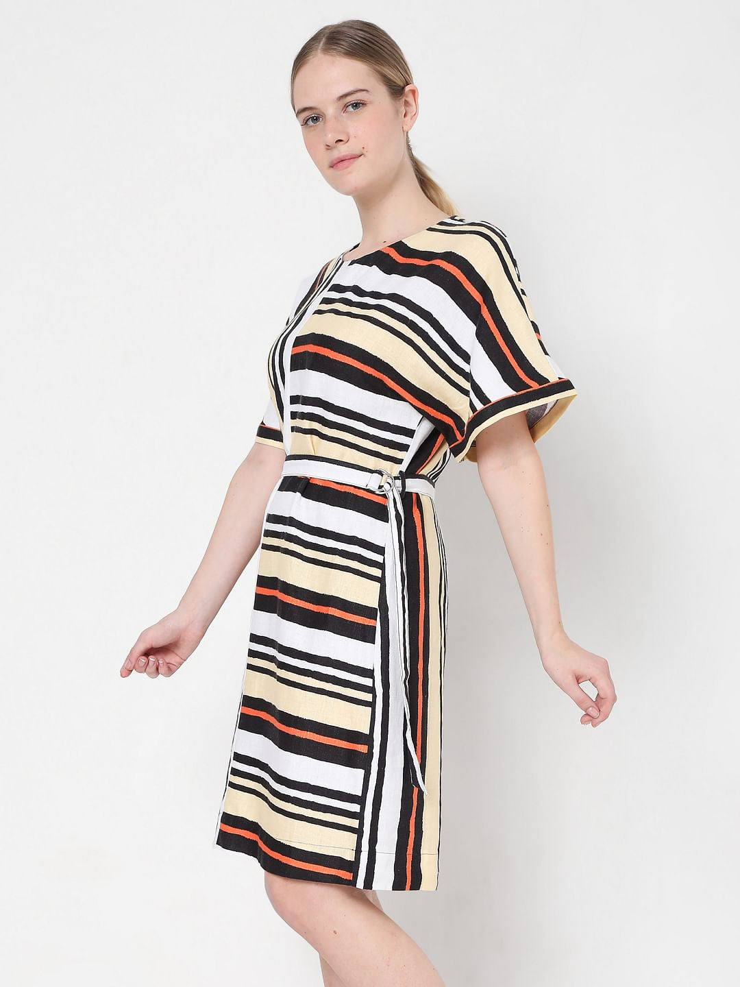 White Asymmetrical Striped Fit & Flare Dress