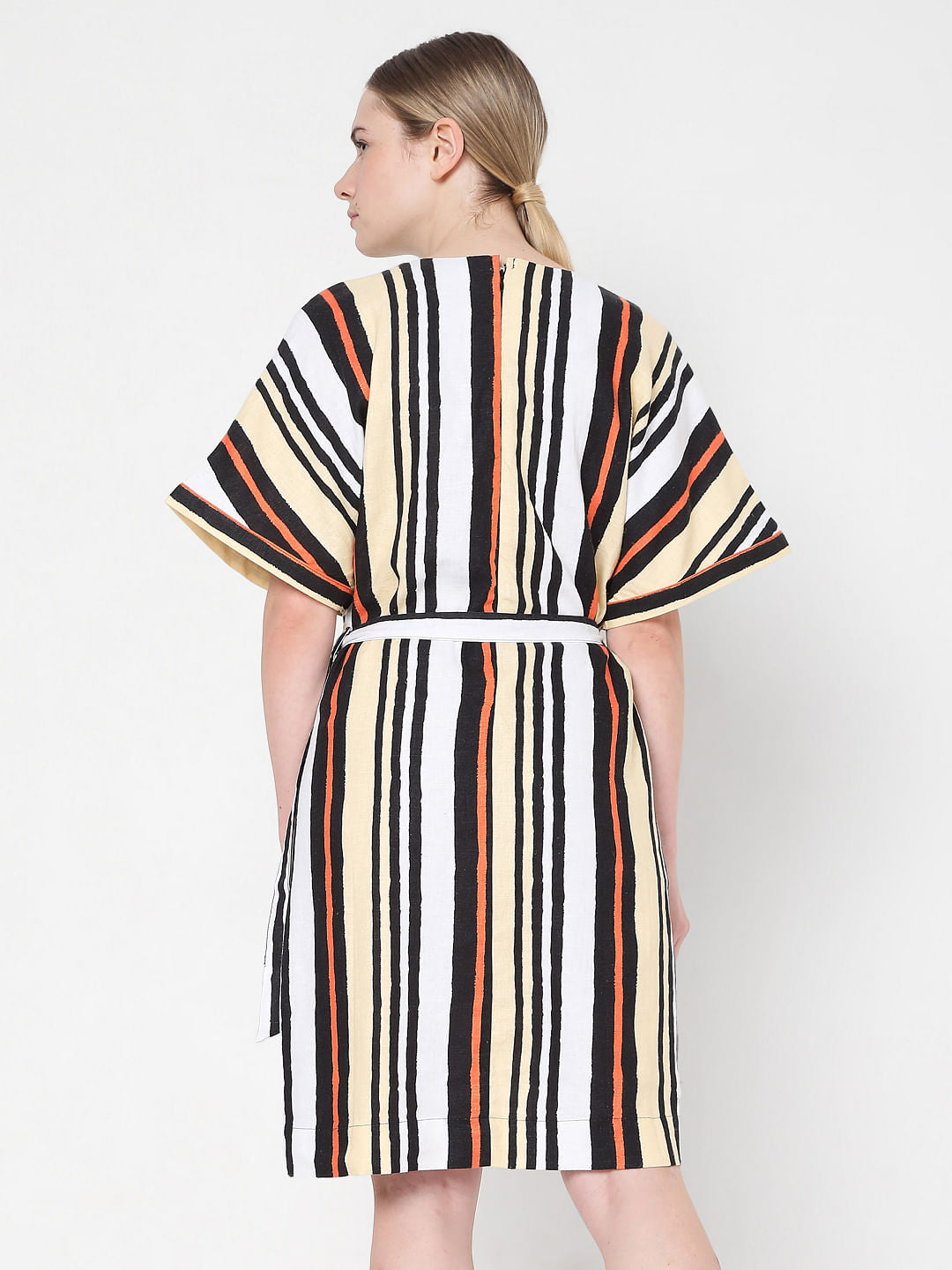 White Asymmetrical Striped Fit & Flare Dress