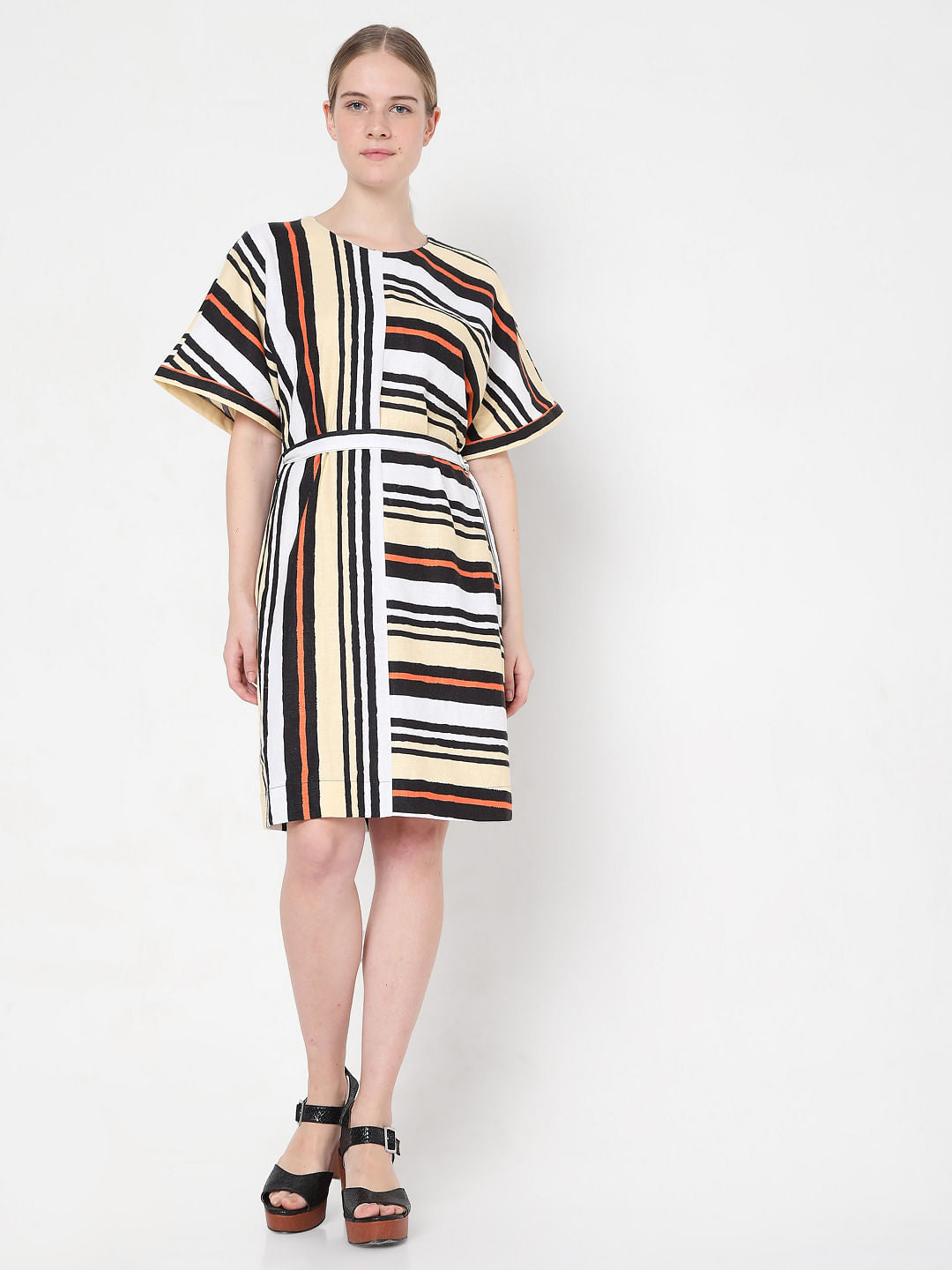 White Asymmetrical Striped Fit & Flare Dress