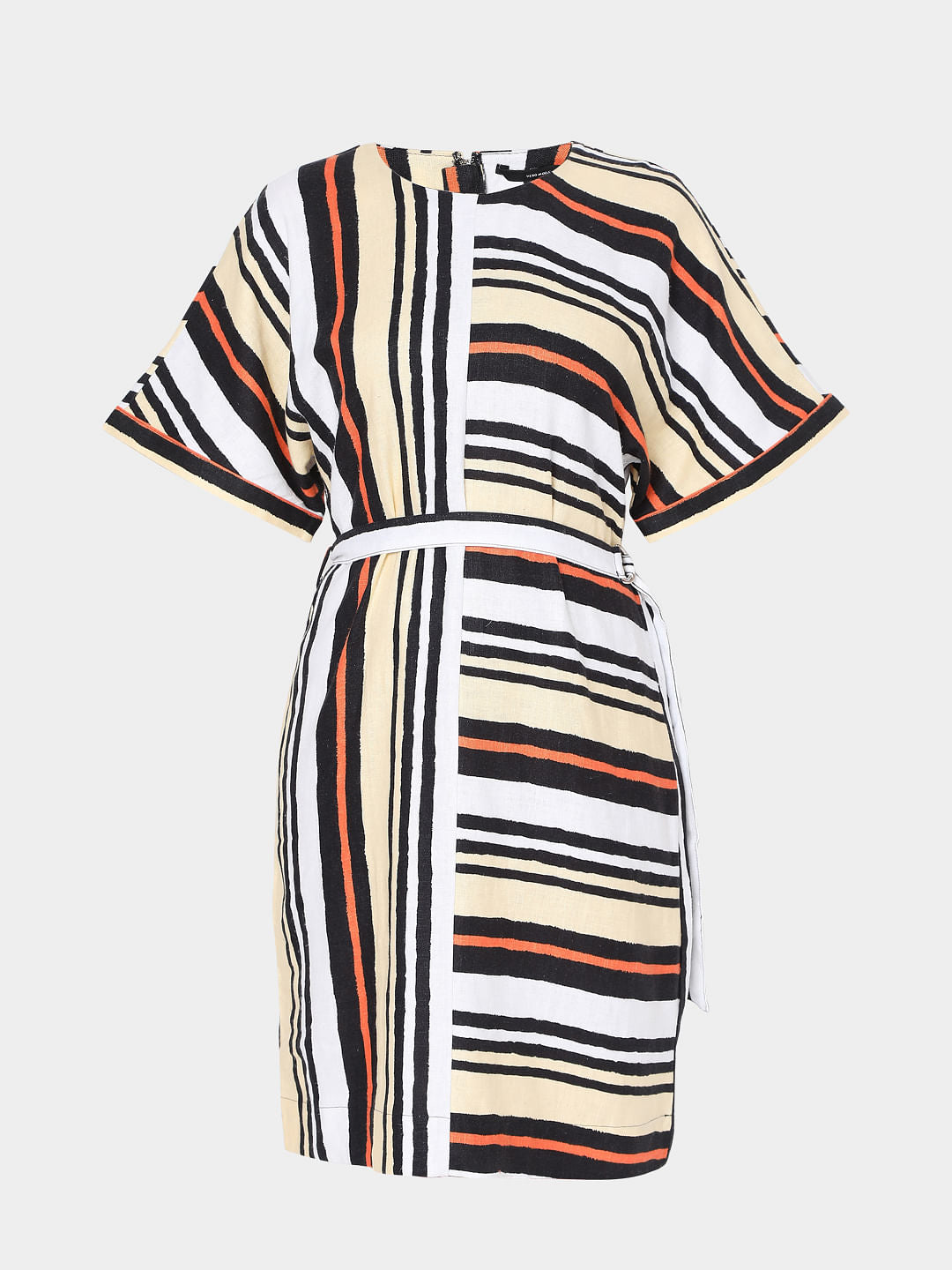 White Asymmetrical Striped Fit & Flare Dress