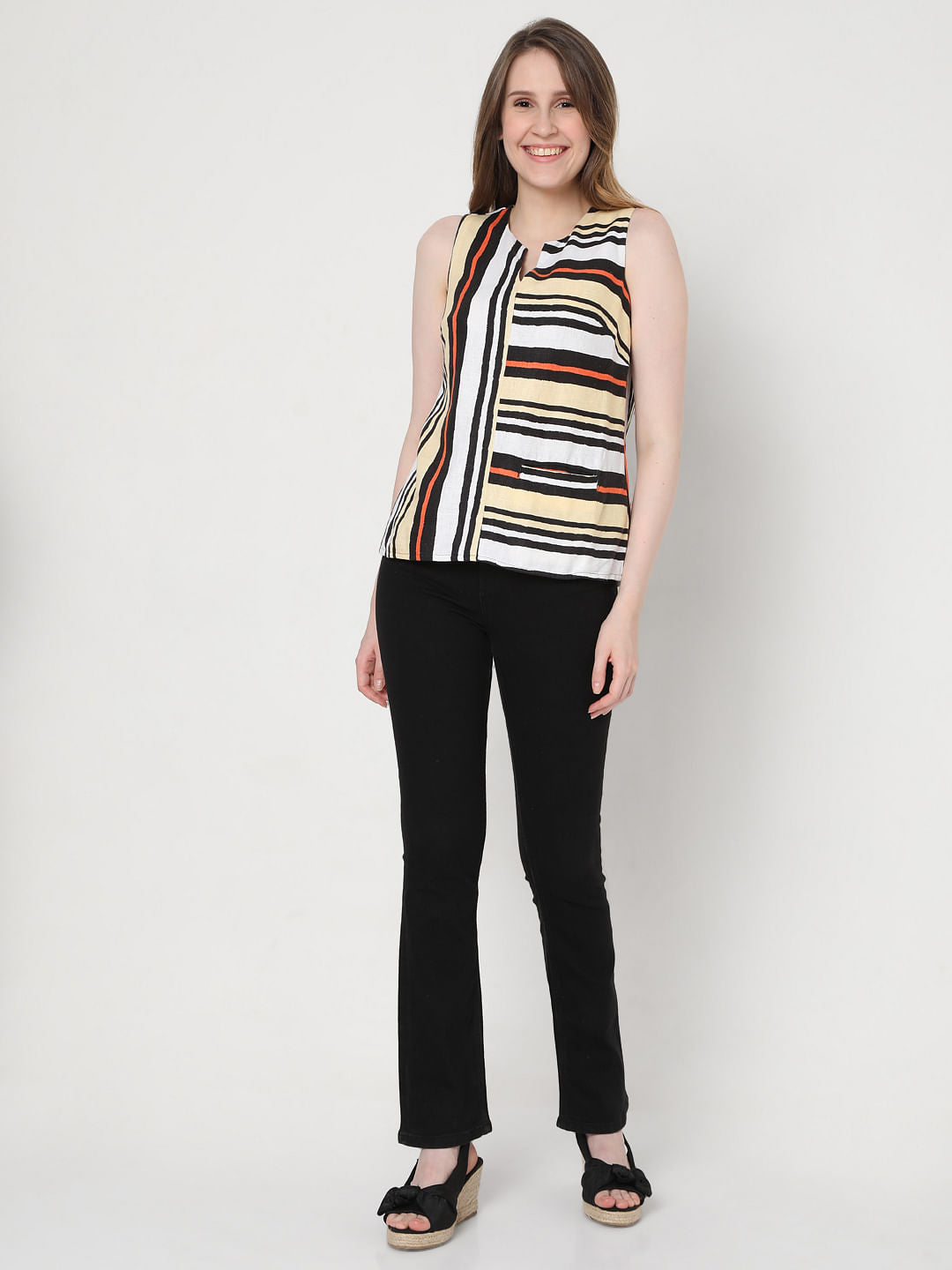 White Asymmetrical Striped Linen Top