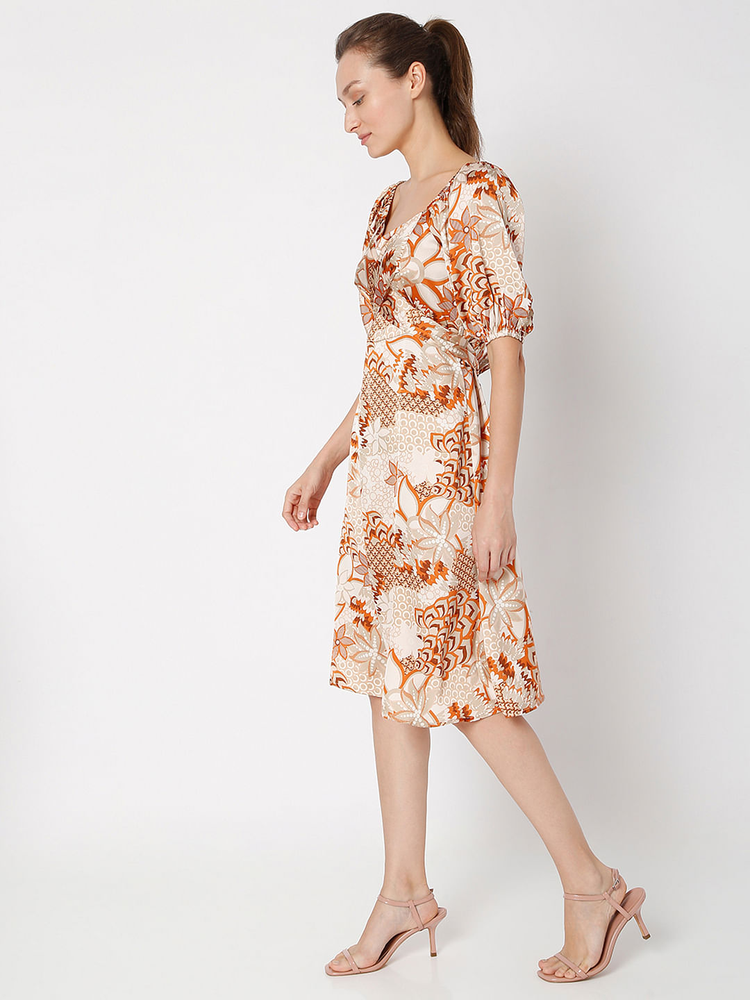 Brown Printed Midi Dress