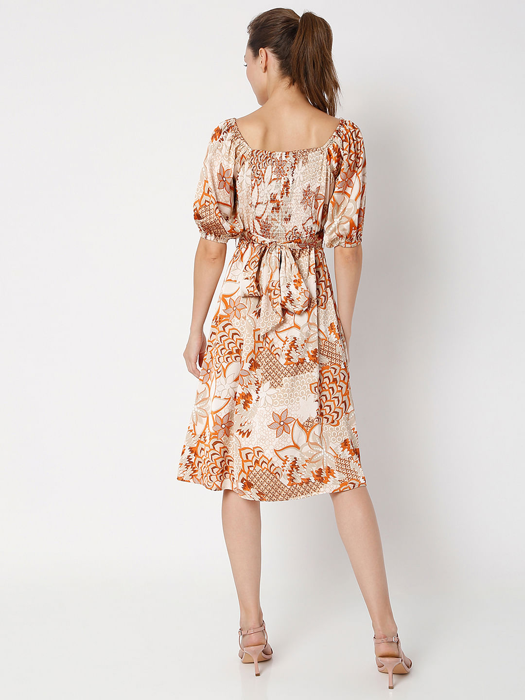 Brown Printed Midi Dress