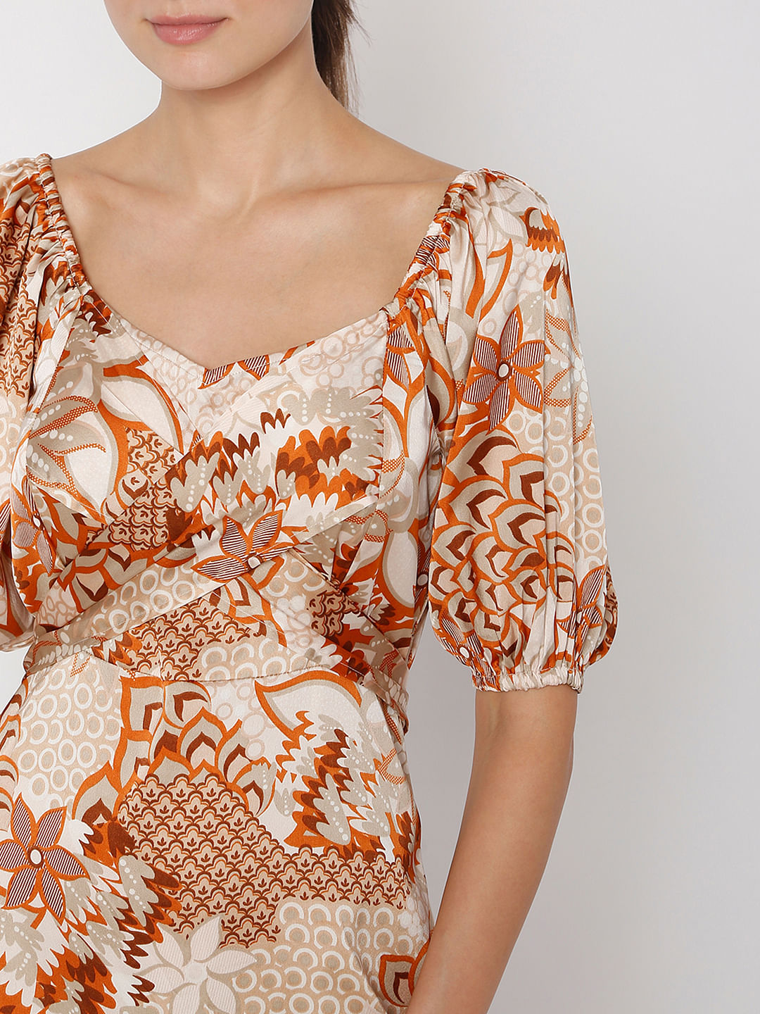 Brown Printed Midi Dress