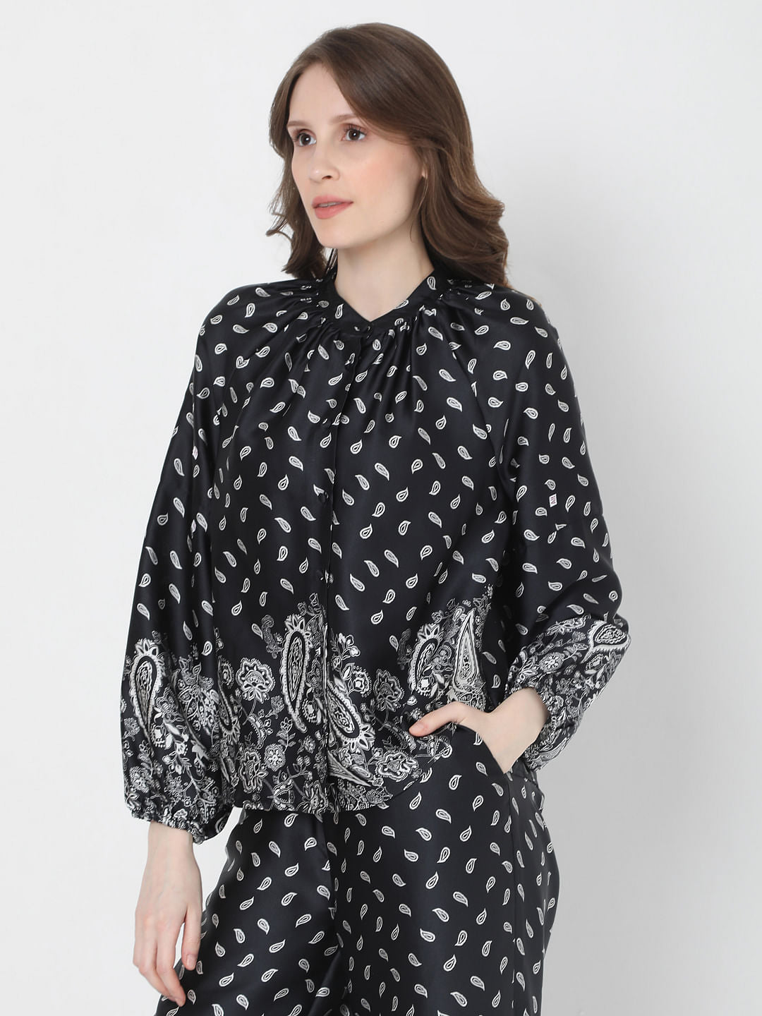 Black Paisley Print Co-Ord Top