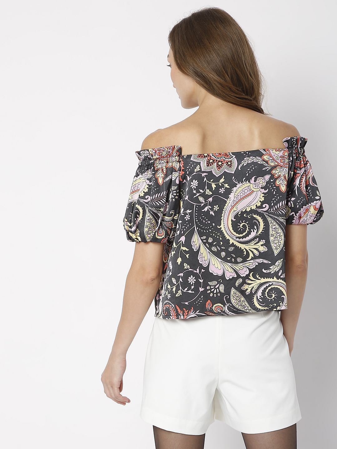 Black Paisley Print Off-Shoulder Top