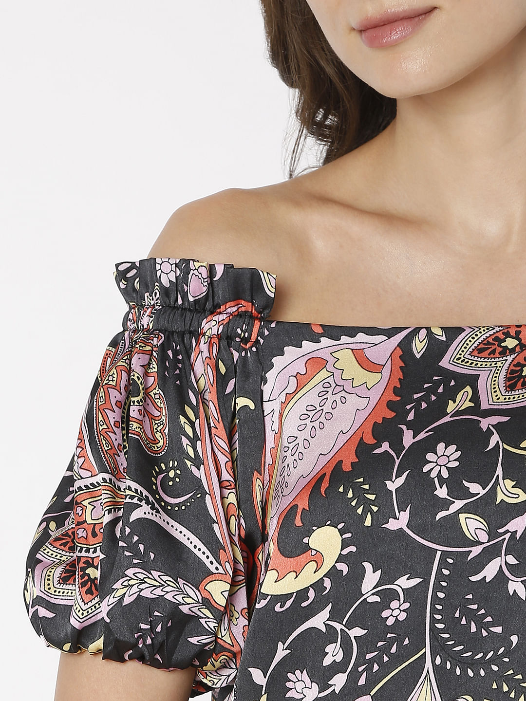 Black Paisley Print Off-Shoulder Top