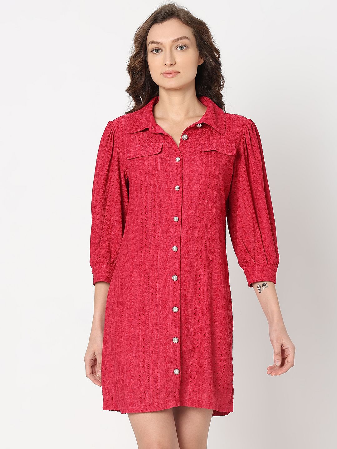 Red Schiffli Shirt Dress