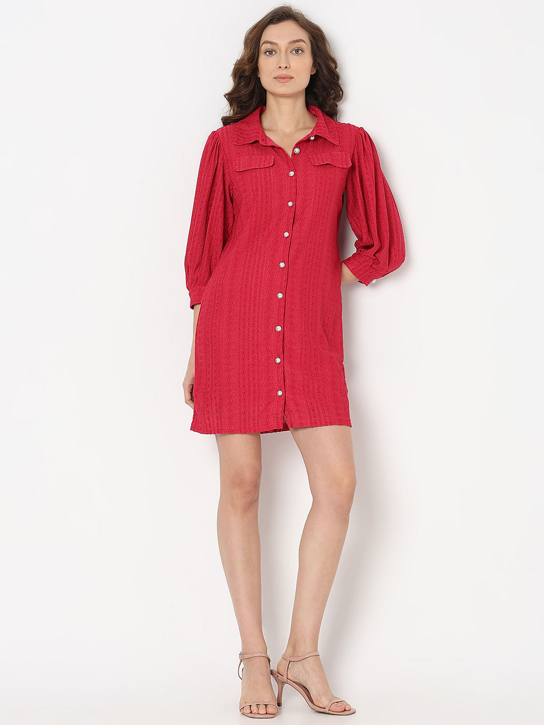 Red Schiffli Shirt Dress