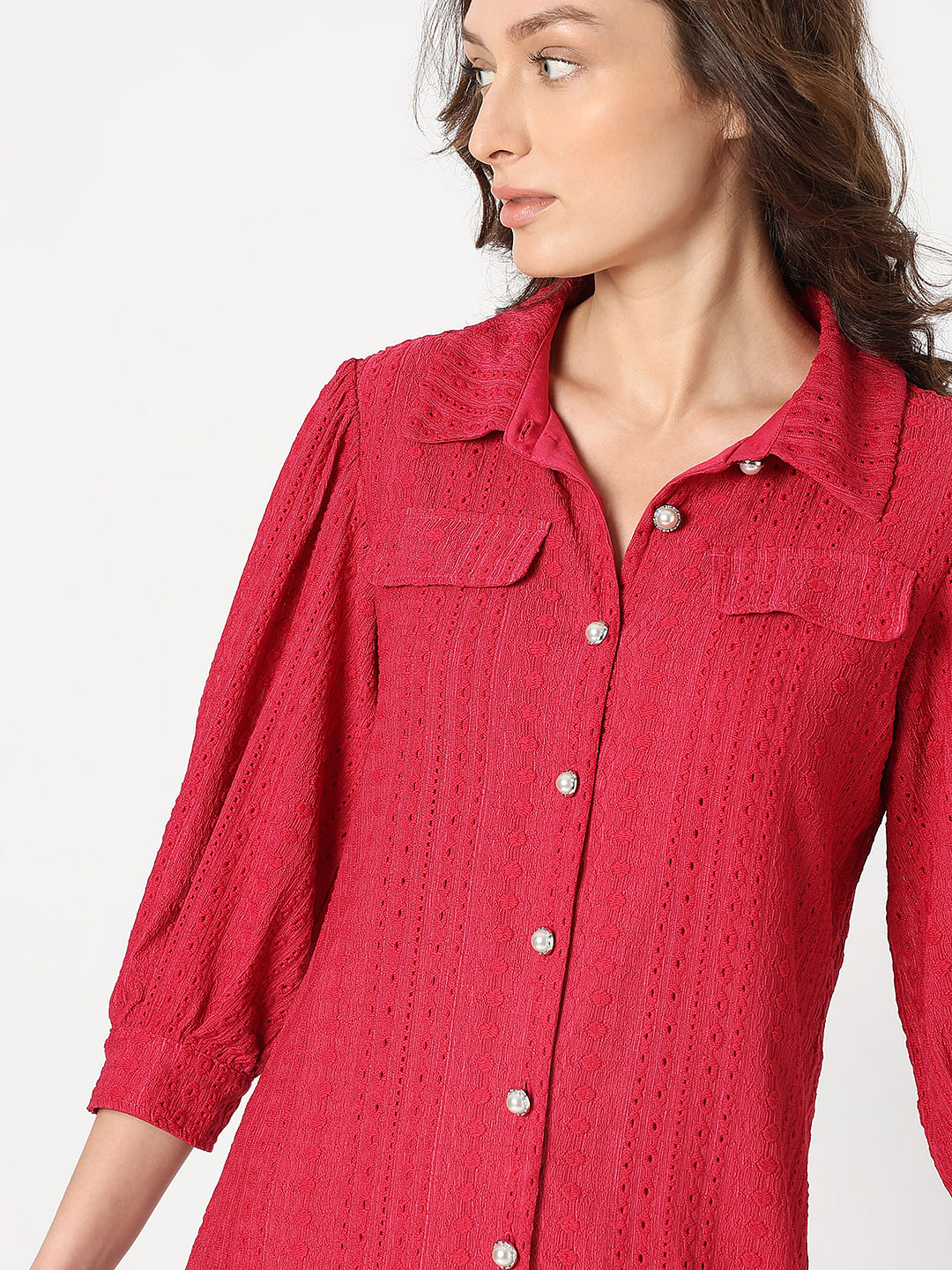 Red Schiffli Shirt Dress