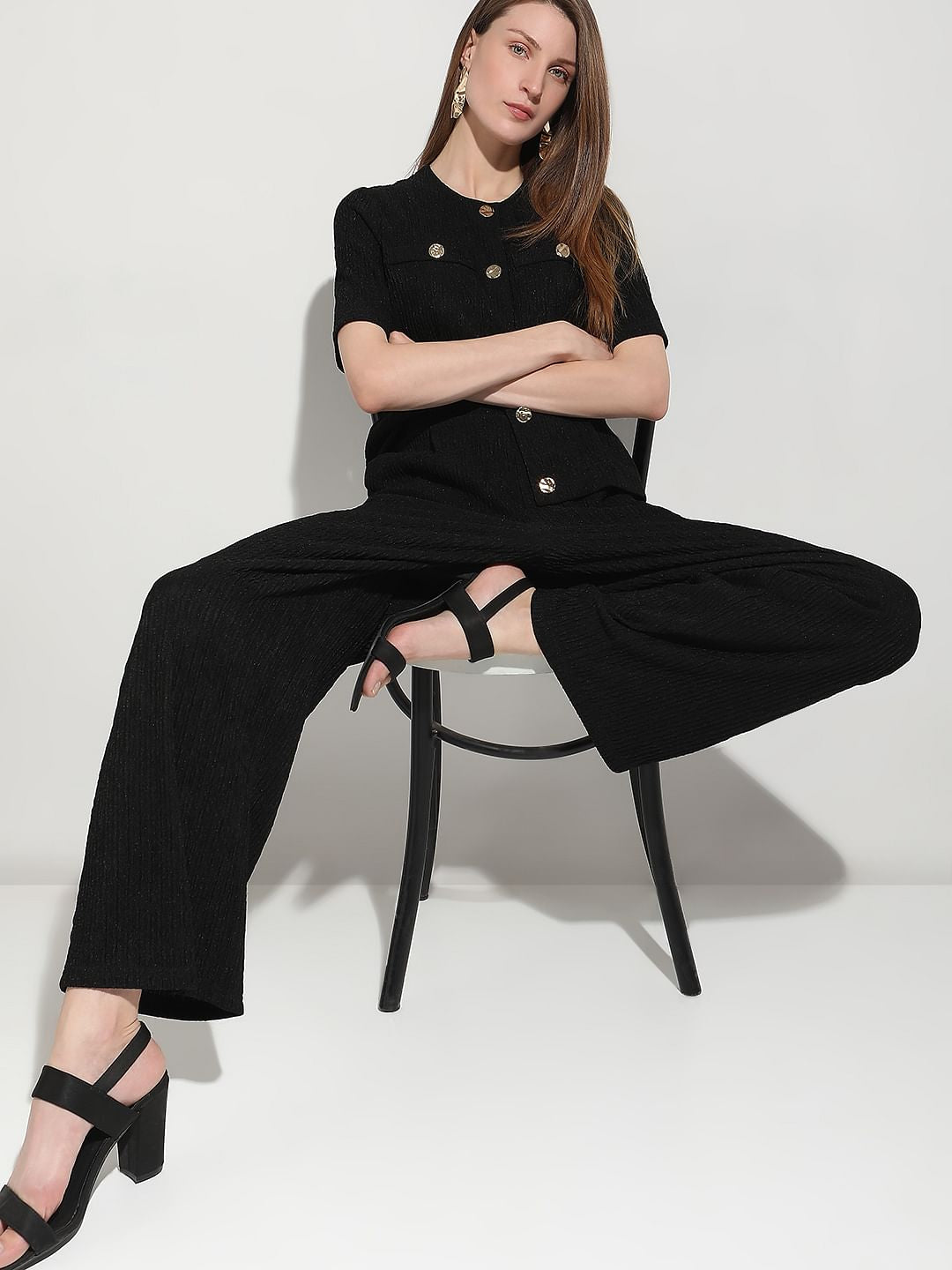 Black Knitted Textured Co-Ord Set Pants