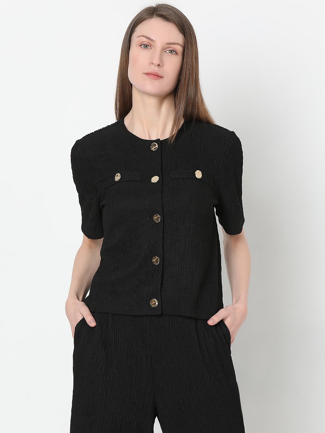 Black Knitted Textured Co-Ord Set Top