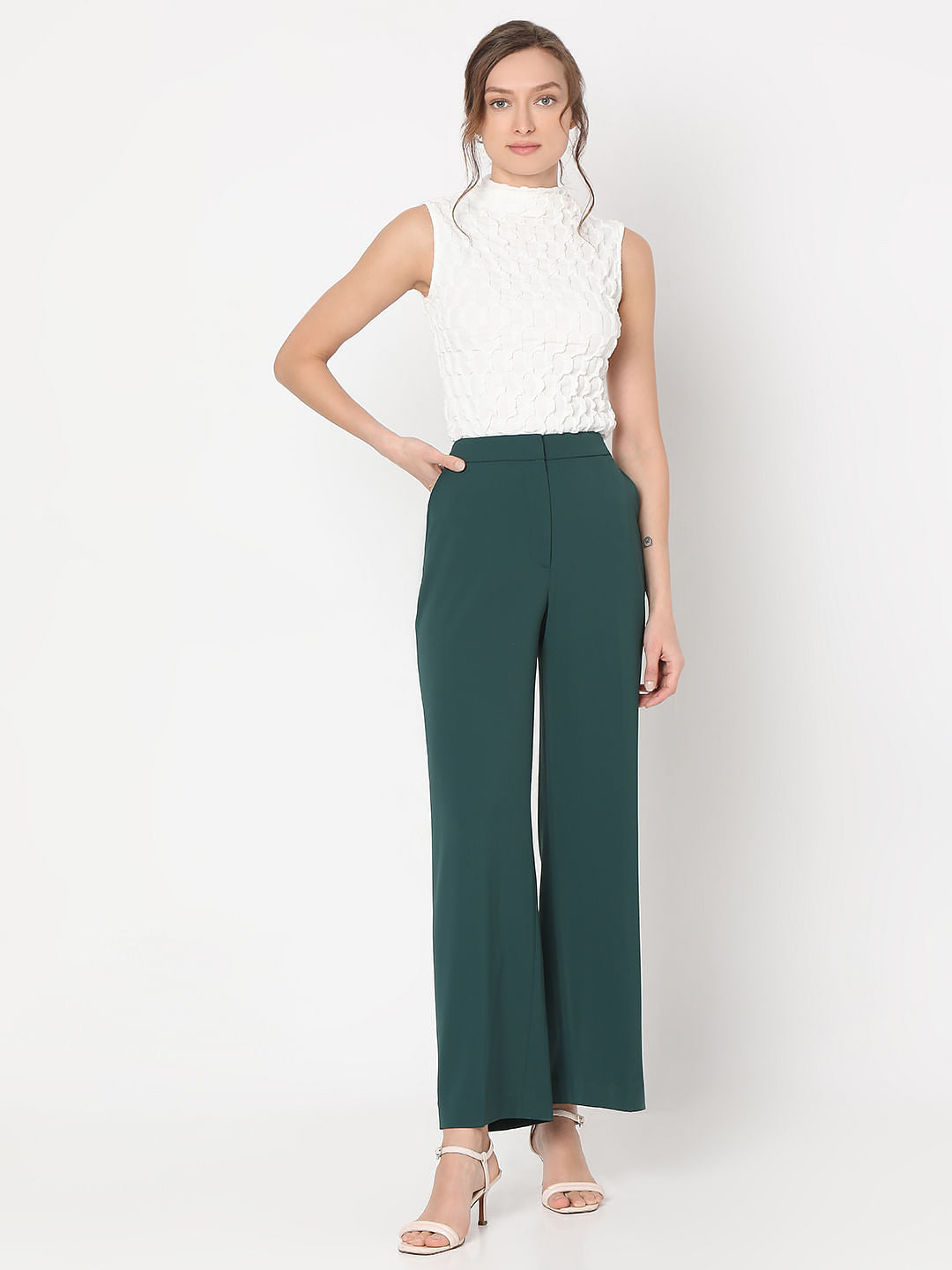 Teal High Rise Straight Fit Pants