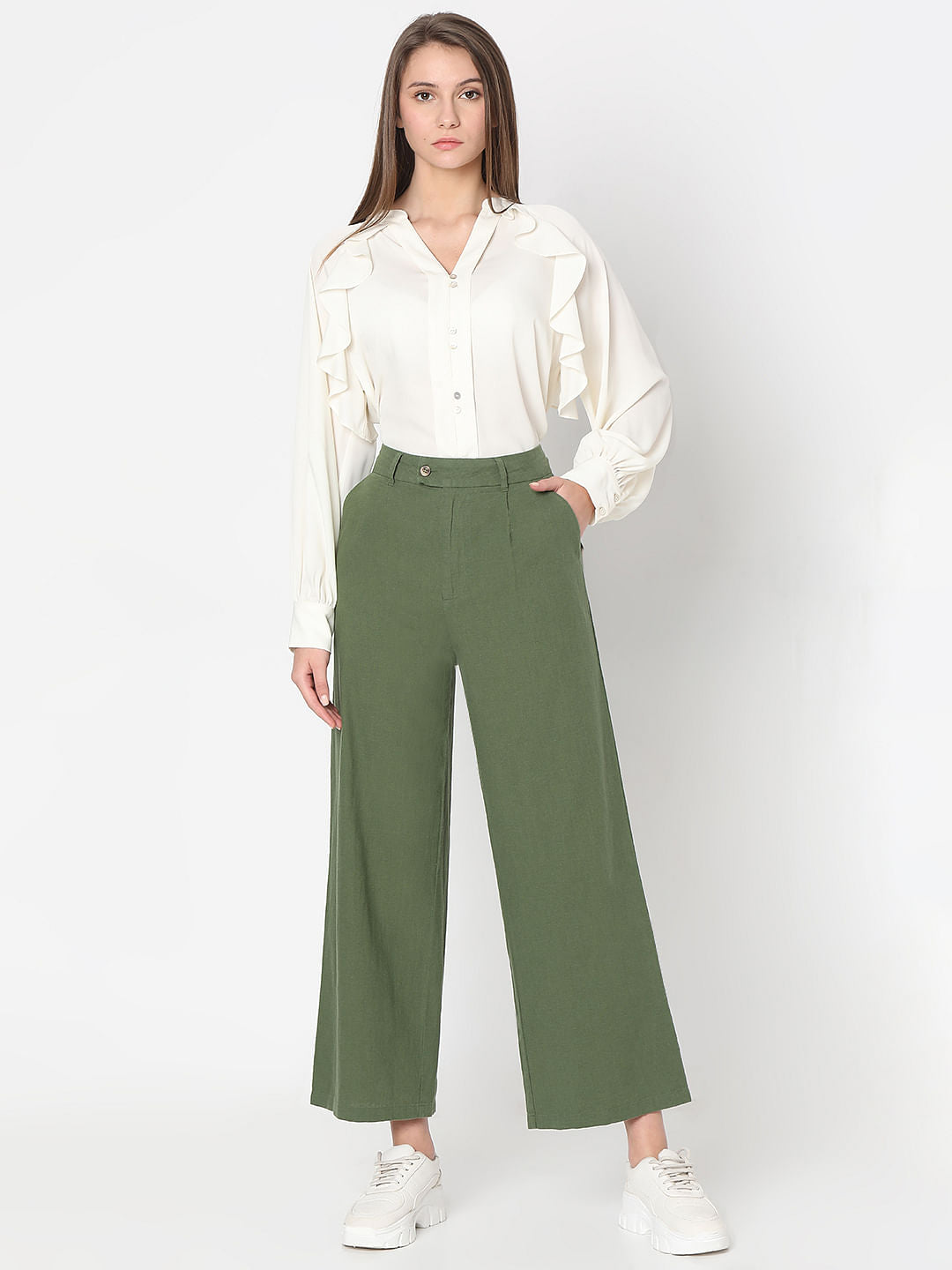 Green High Rise Linen Pants