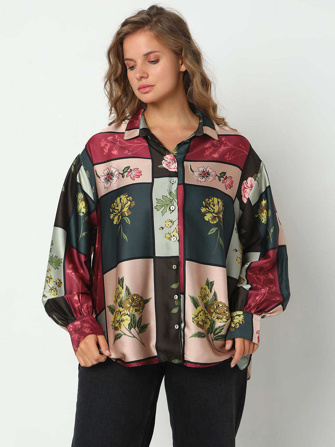 Curve Green Floral Print Shirt