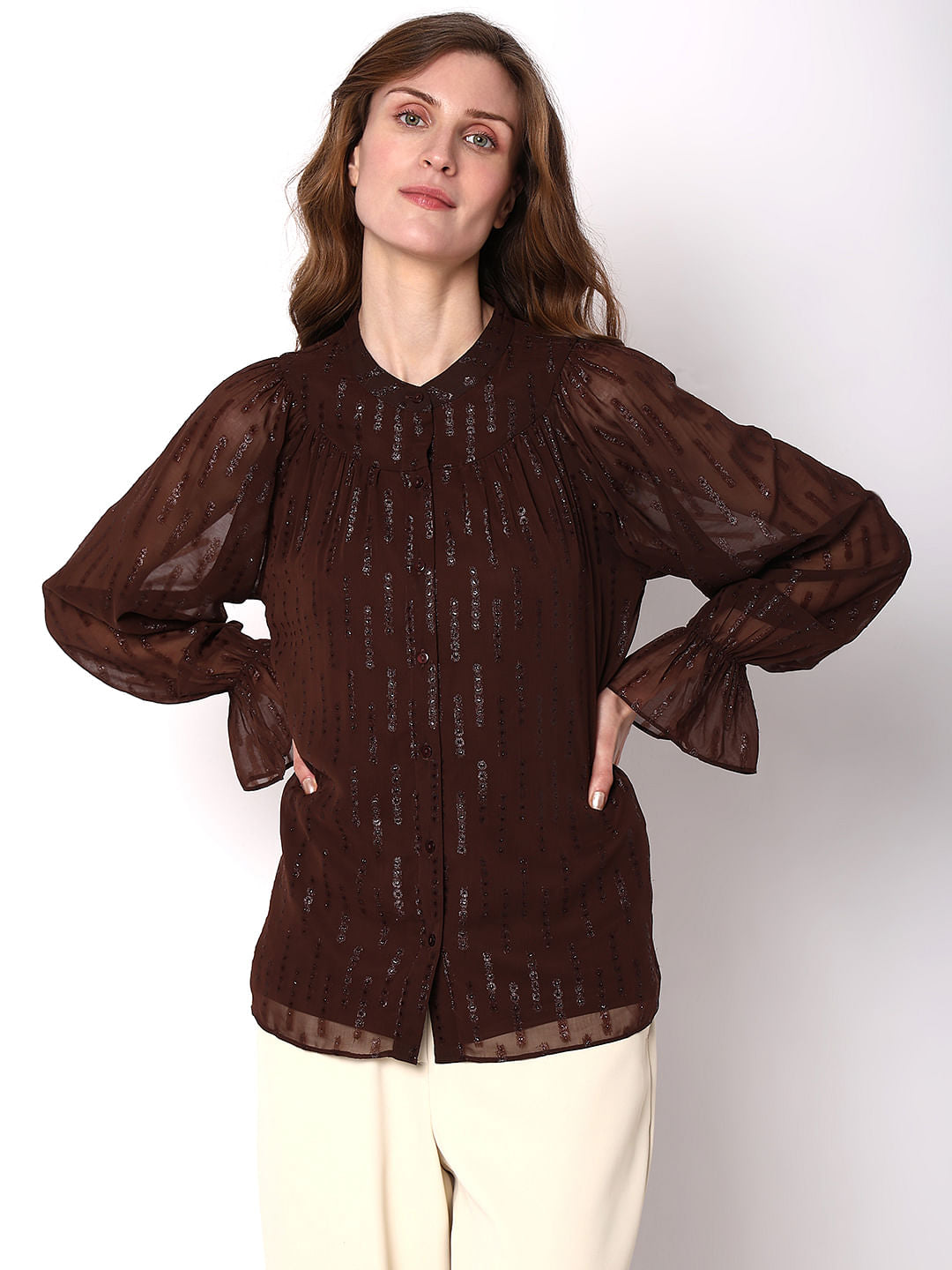 Dark Brown Lurex Sheer Sleeves Top