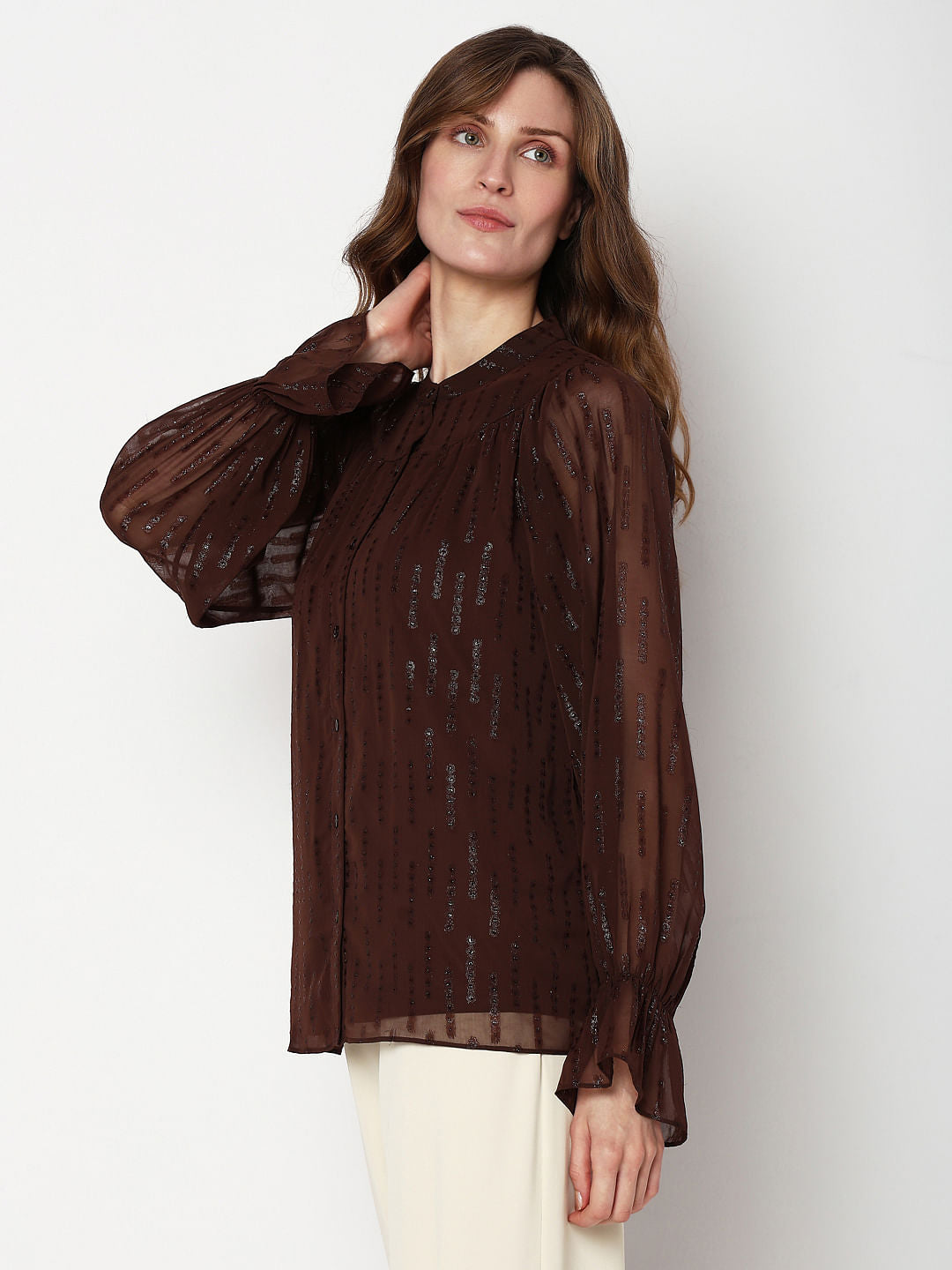 Dark Brown Lurex Sheer Sleeves Top
