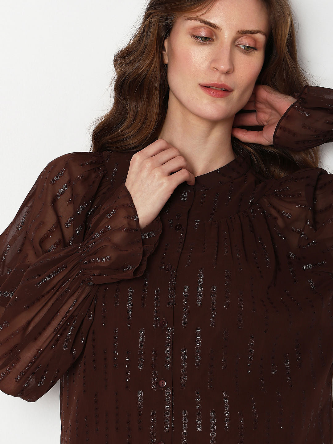 Dark Brown Lurex Sheer Sleeves Top
