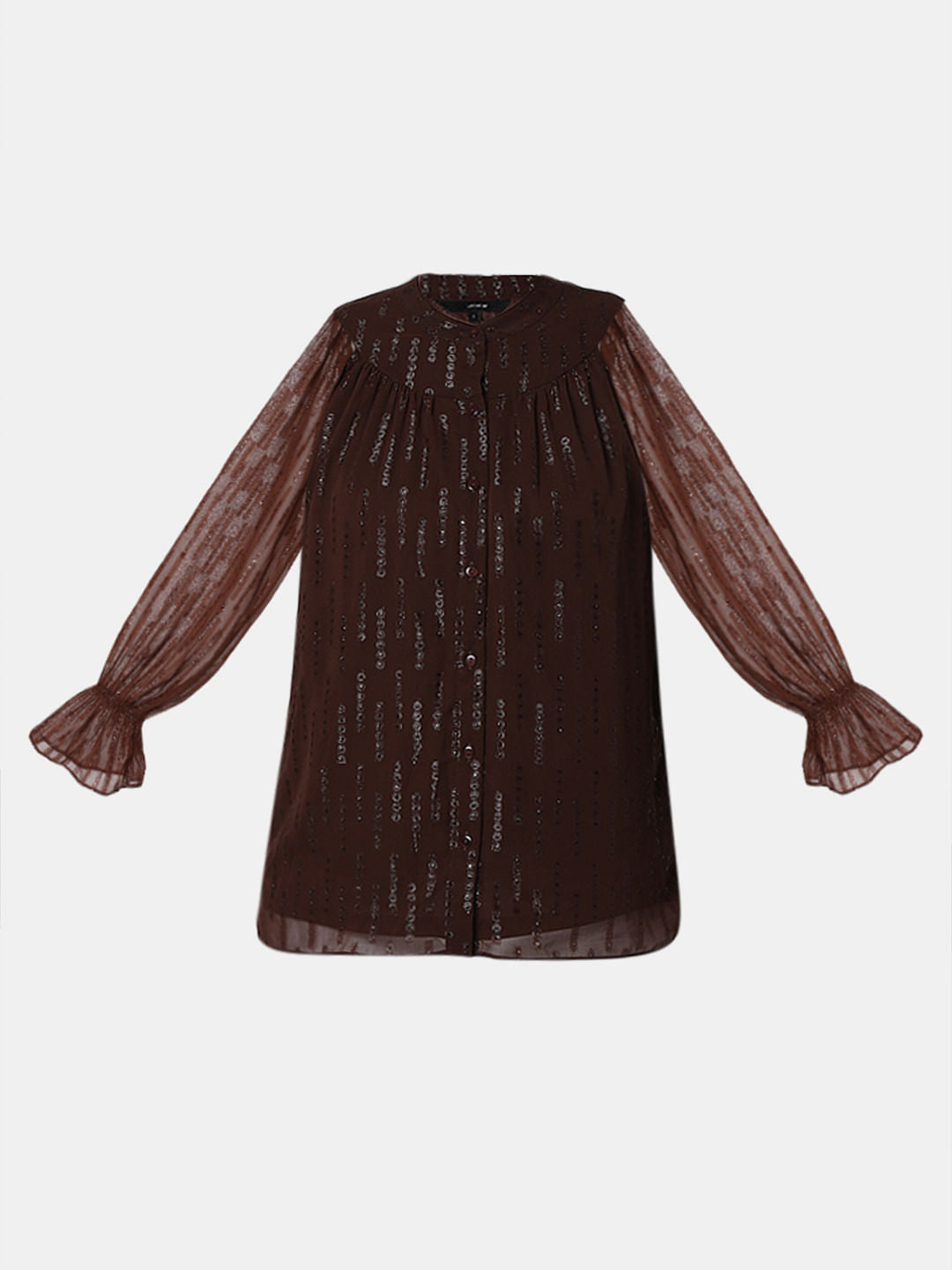 Dark Brown Lurex Sheer Sleeves Top