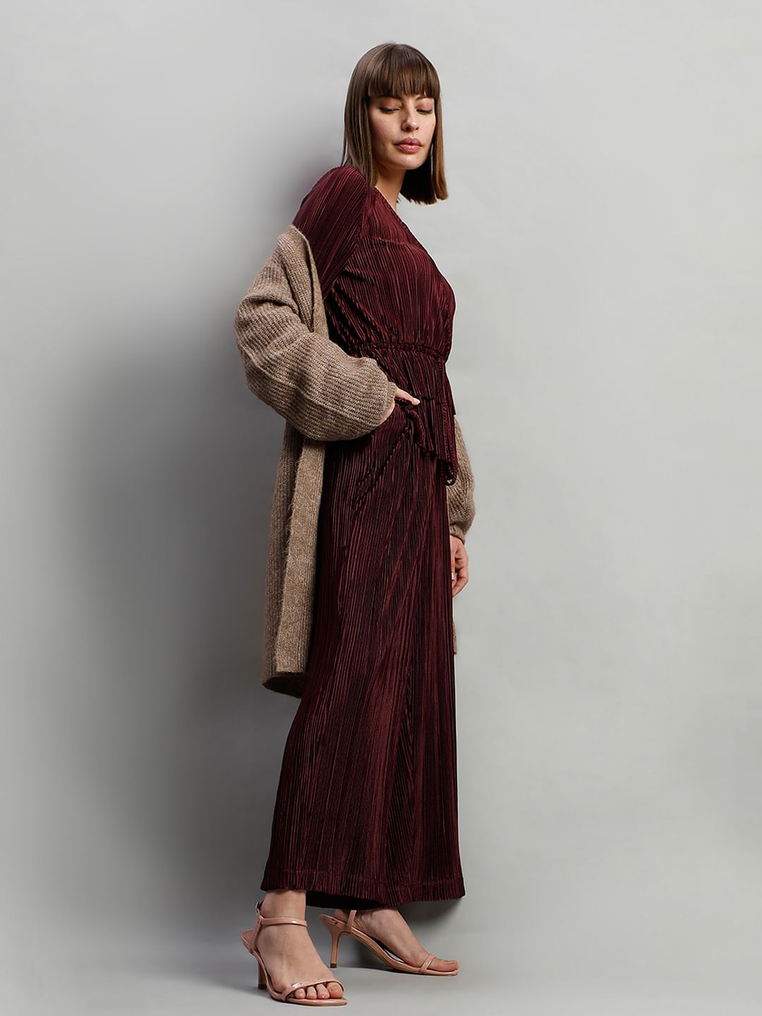 Wine Red High Rise Flared Co-Ord Set Pants