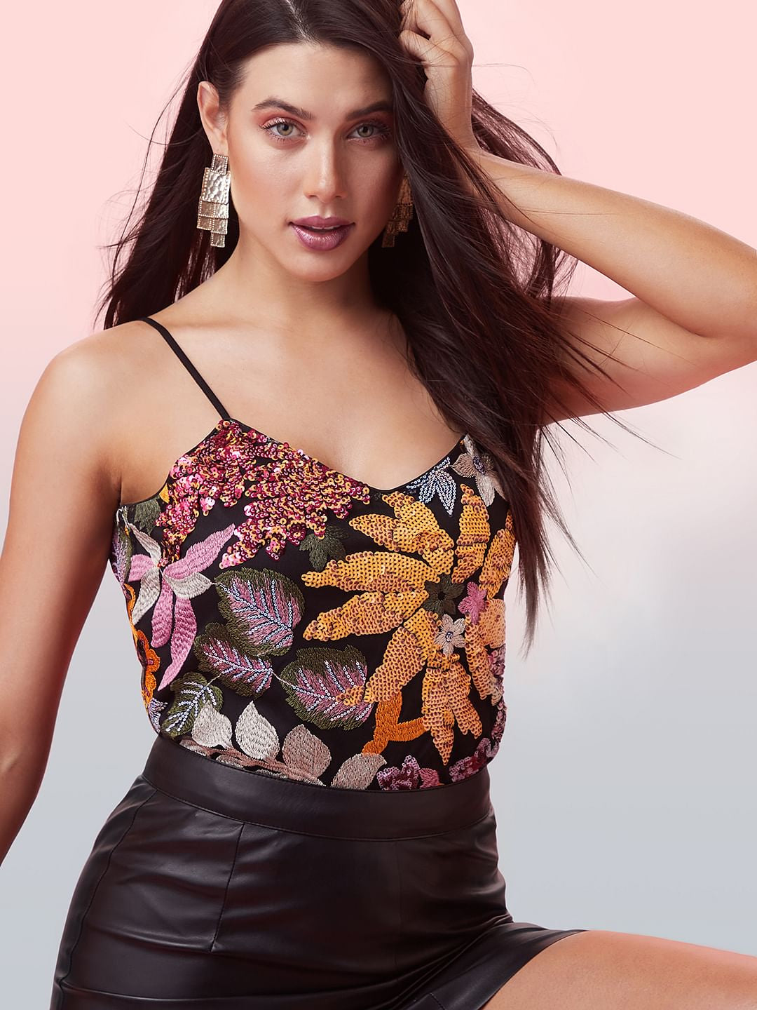 Marquee Black Floral Sequin Detail Top