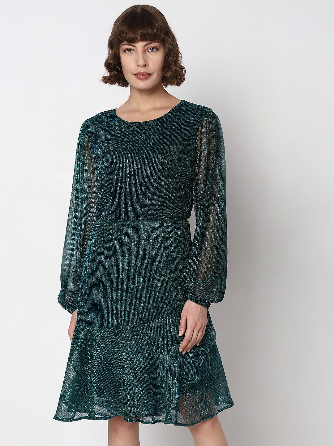 Green Shimmer Sheer Sleeves Dress