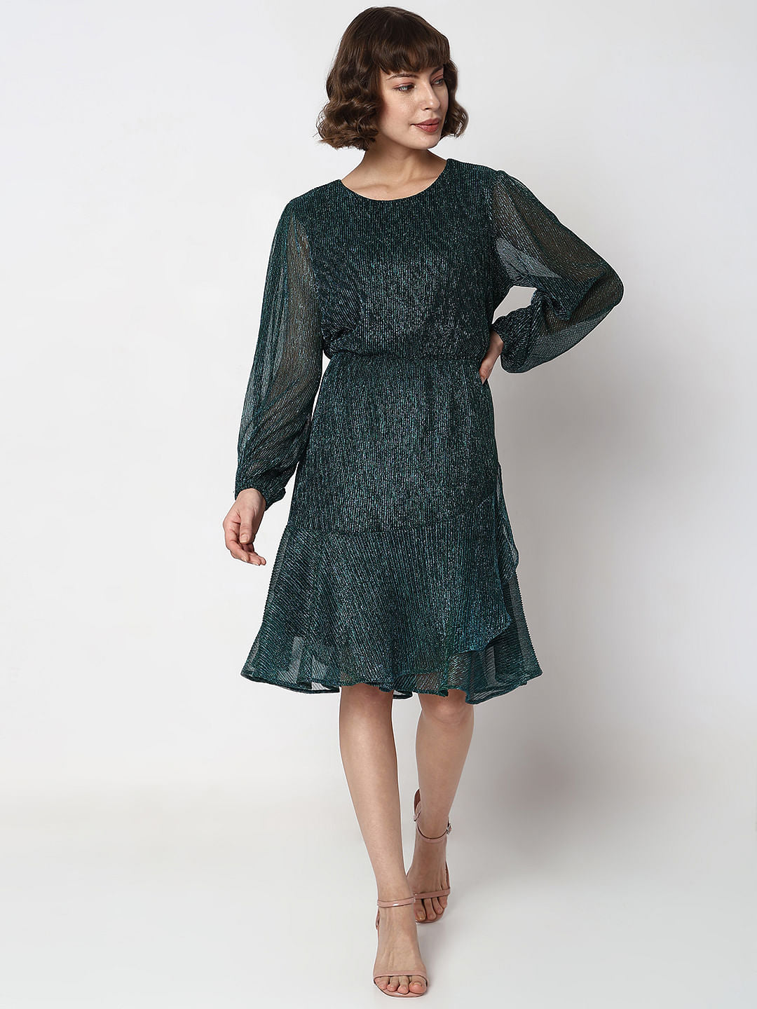 Green Shimmer Sheer Sleeves Dress