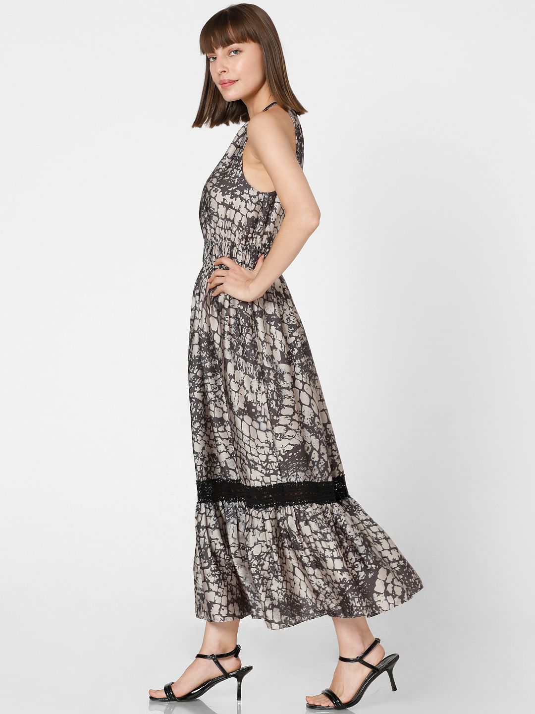 Brown Abstract Print Maxi Dress