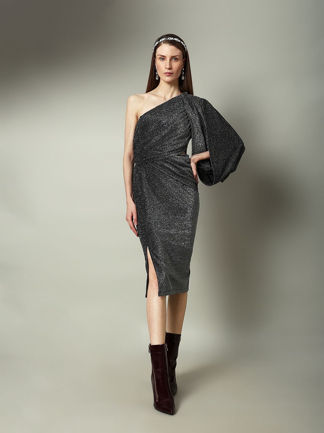 Marquee Black Shimmer One-Shoulder Dress