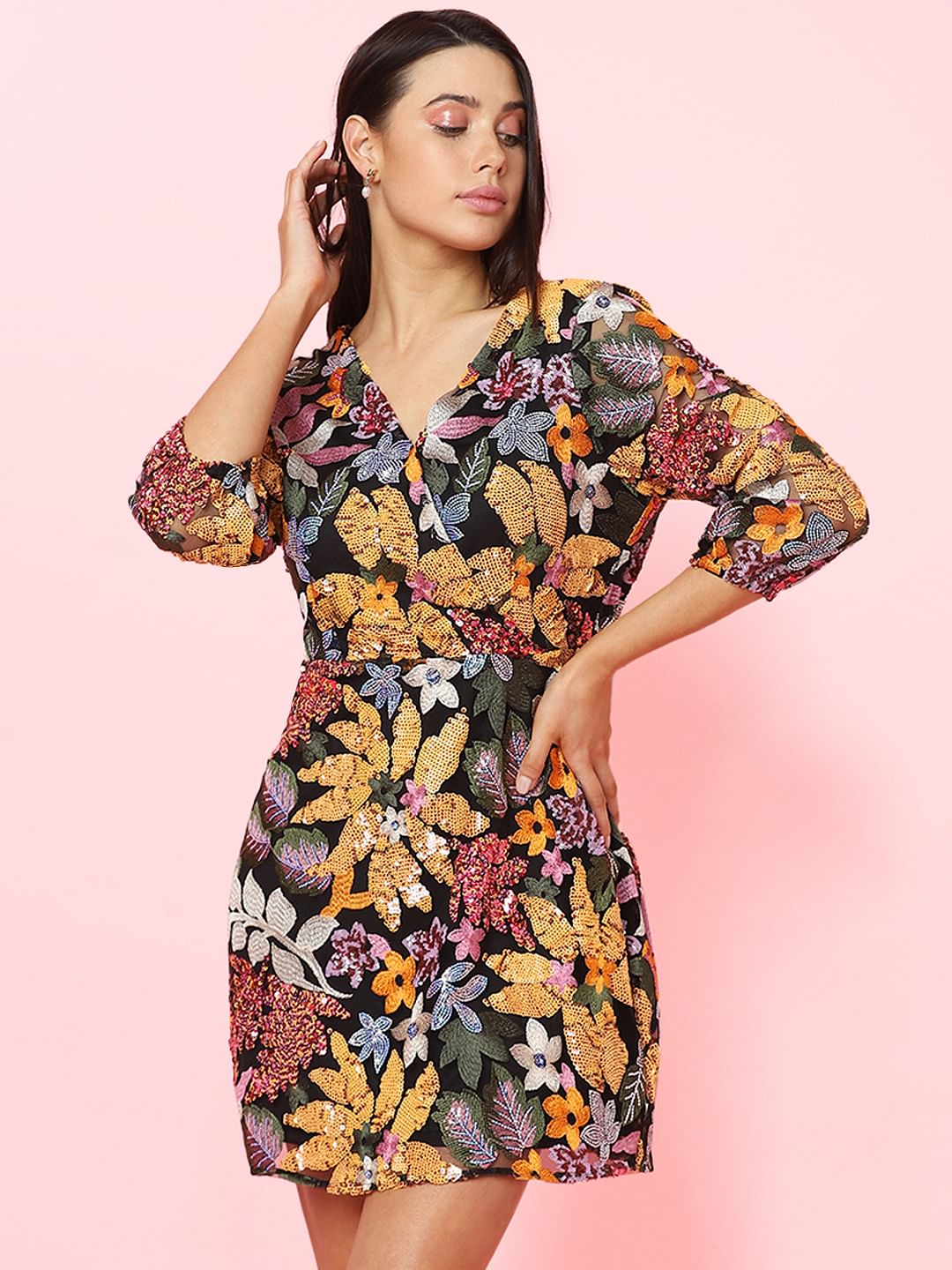 Marquee Black Floral Sequin Detail Dress