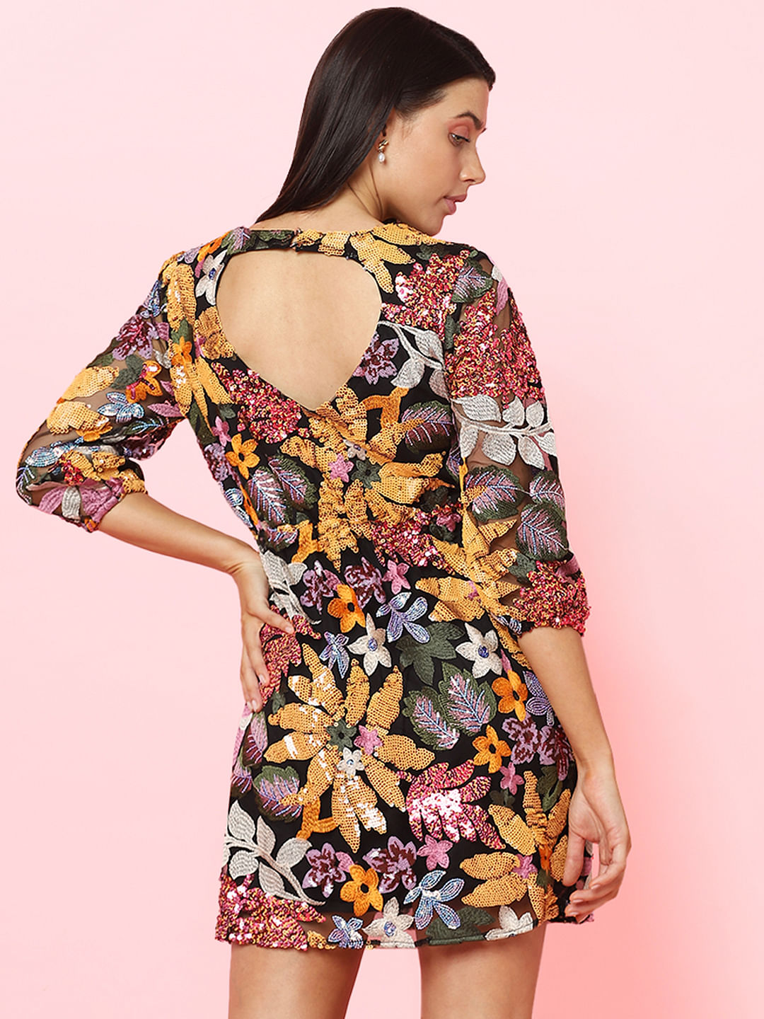 Marquee Black Floral Sequin Detail Dress