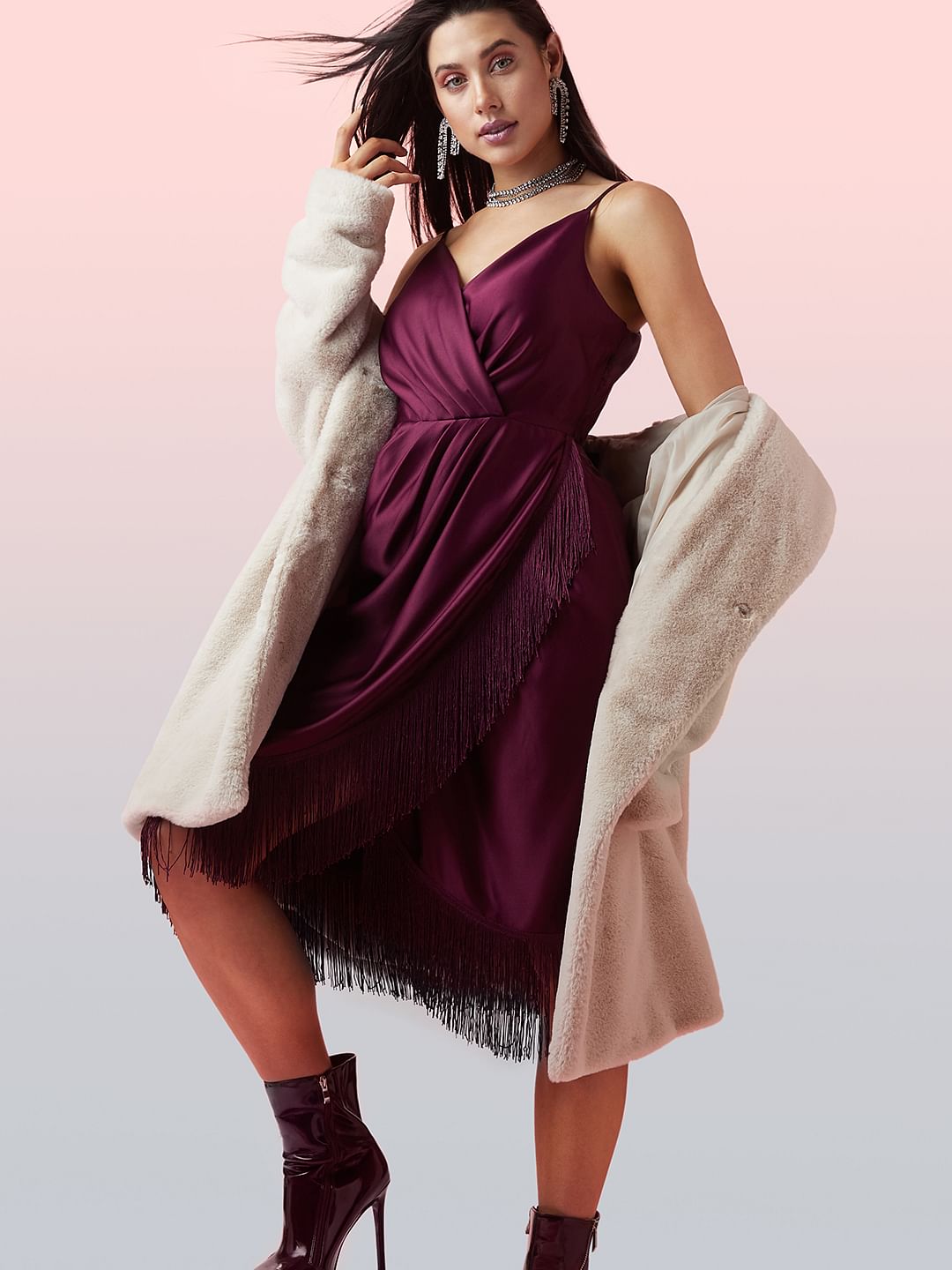 Marquee Dark Purple Fringe Midi Dress