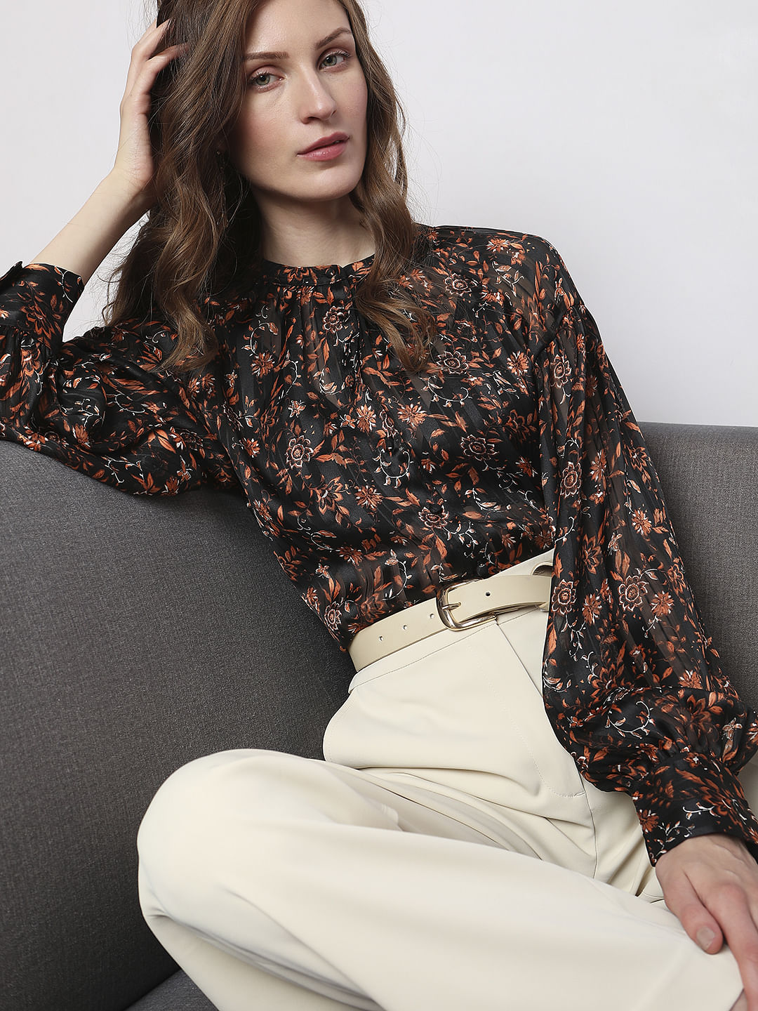 Black Satin Floral Top