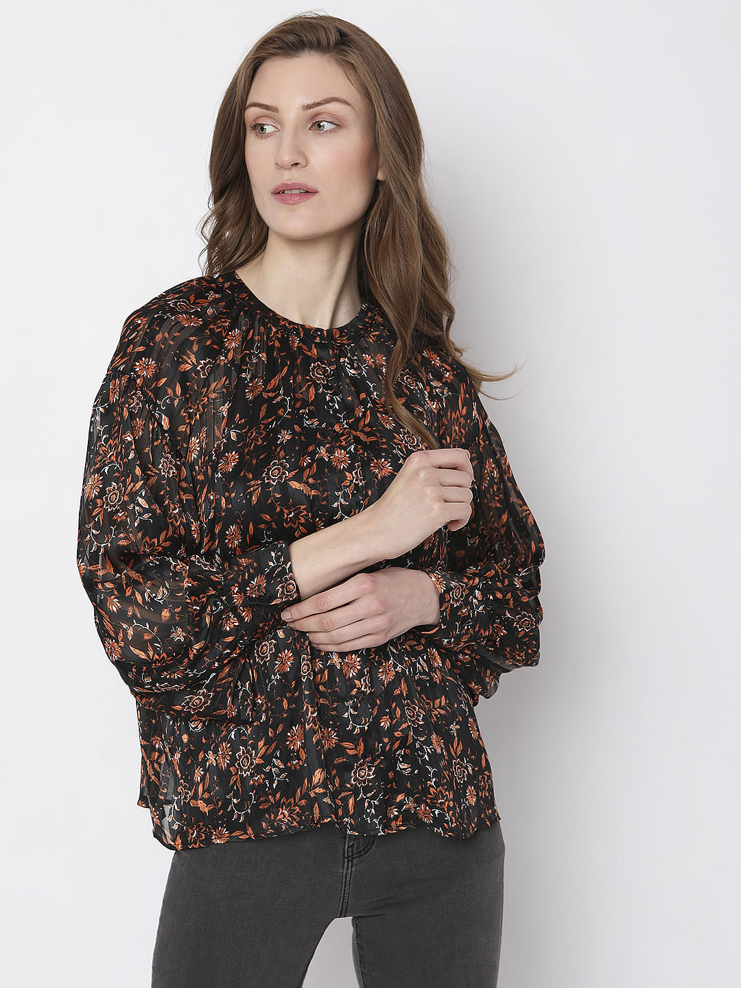 Black Satin Floral Top