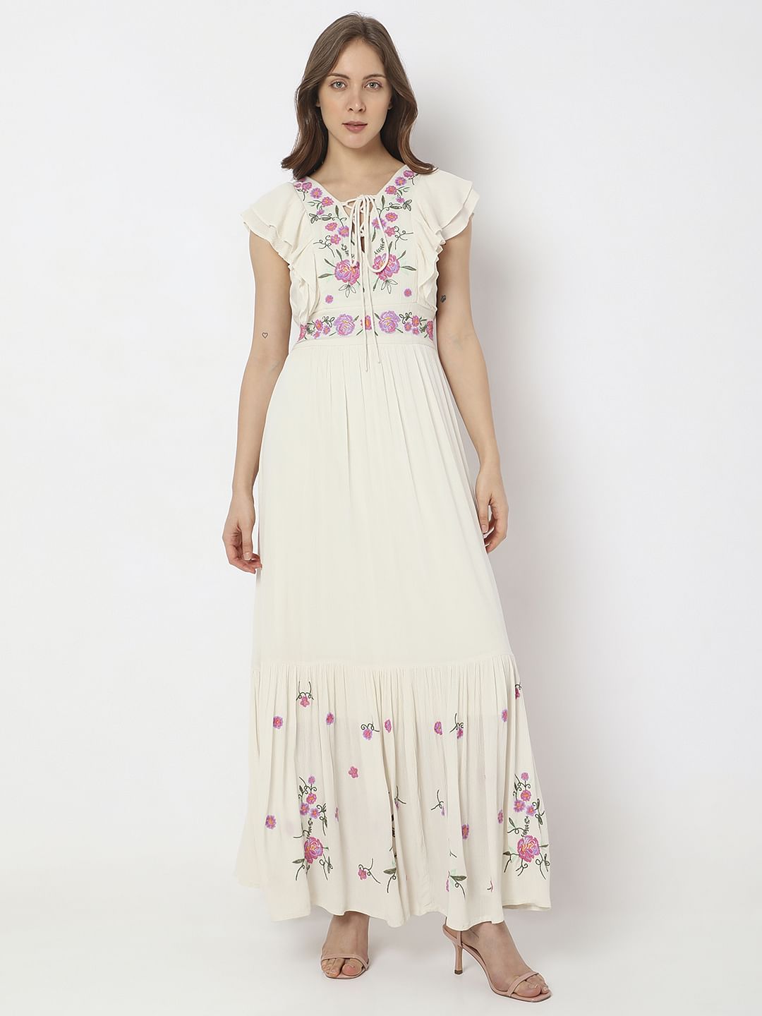 Beige Floral Embroidered Maxi Dress