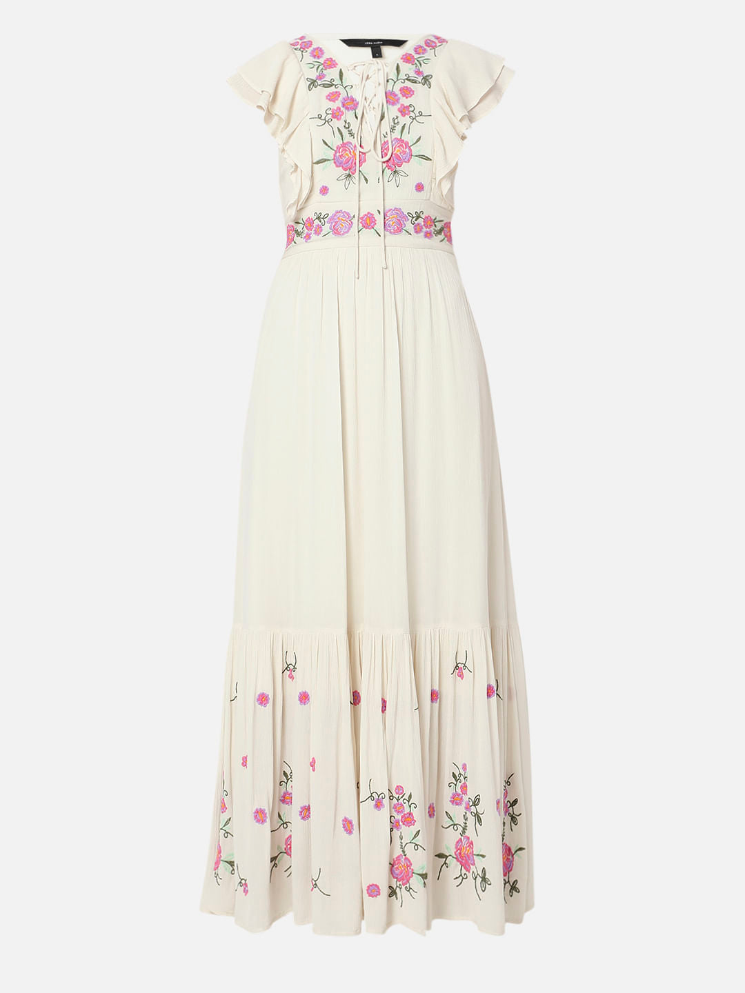 Beige Floral Embroidered Maxi Dress
