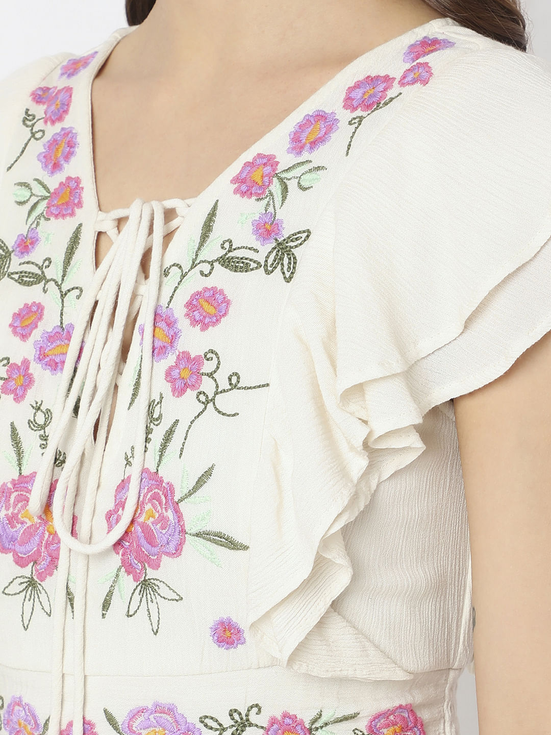 Beige Floral Embroidered Maxi Dress